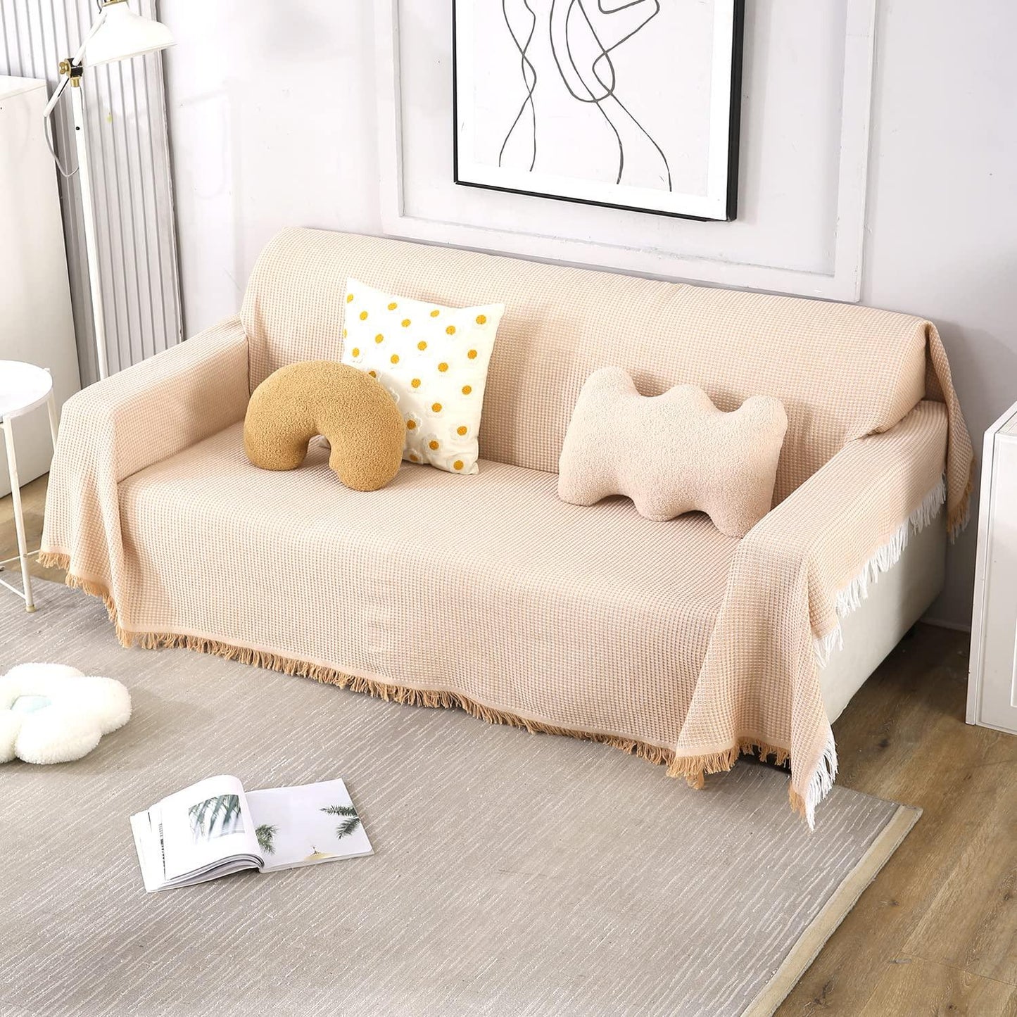 3 seater elegant peach colour polycotton sofa throw of size 180(D)x300(L)
