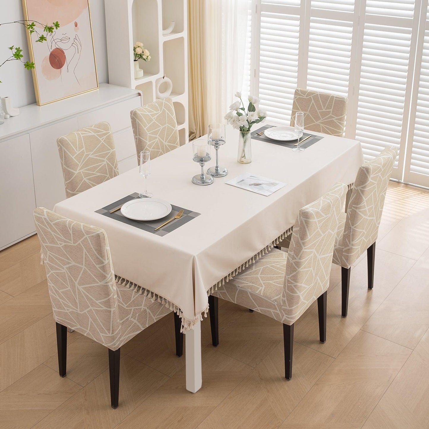 Beige Abstract Geometry Print chair covers for dining chairs