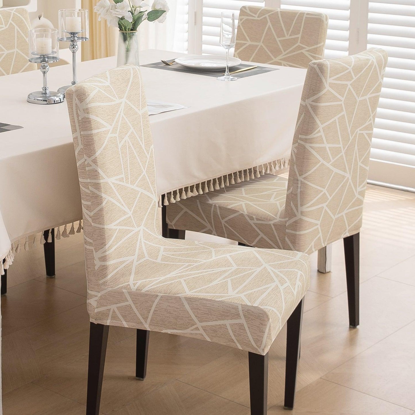 Beige Abstract Geometry Print dining chair covers Set