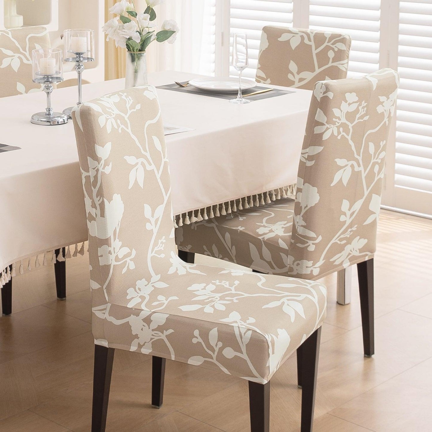 Buff Brown Sillehoute Floral Print dining chair cover 6 seater