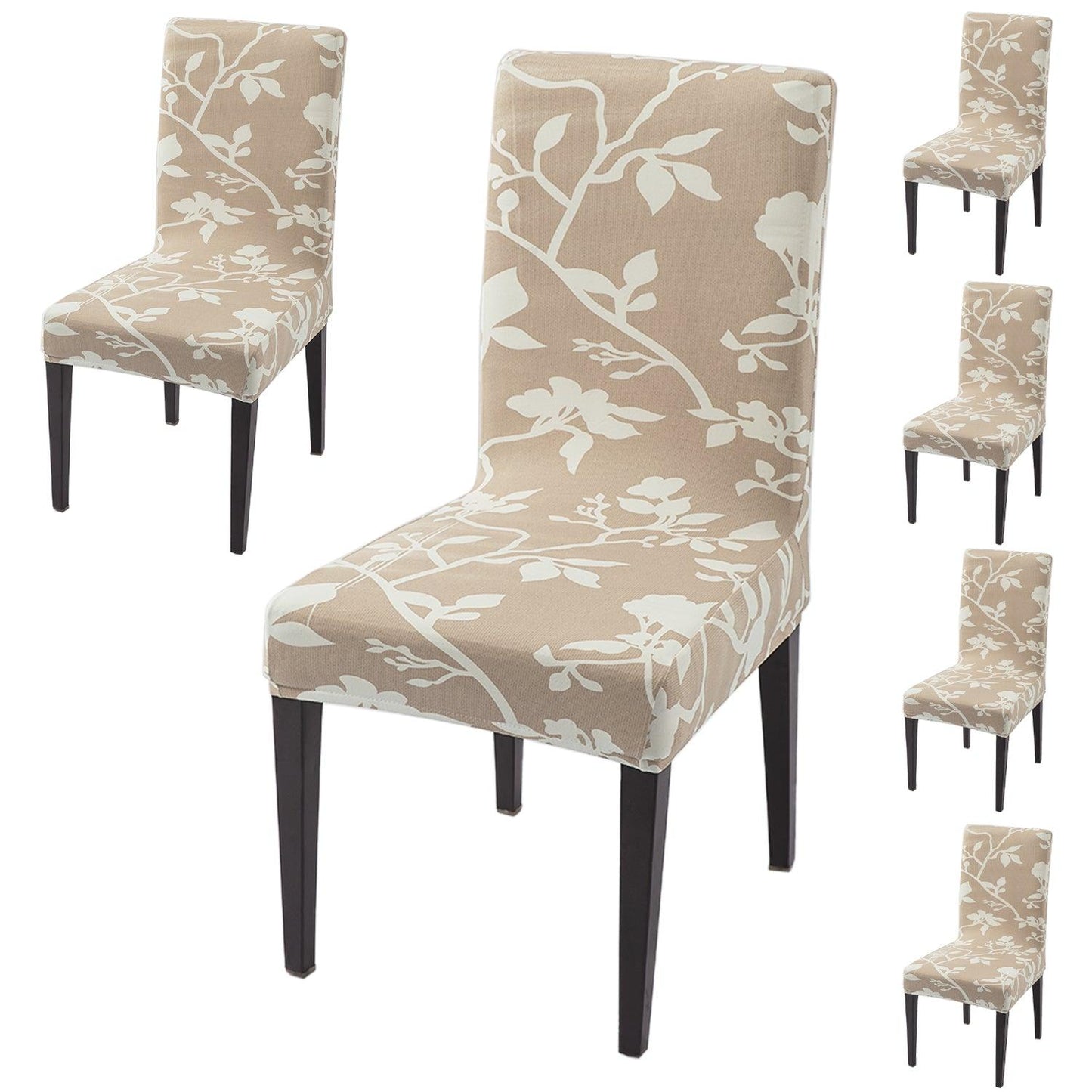 Buff Brown Sillehoute Floral Print dining chair covers set of 6
