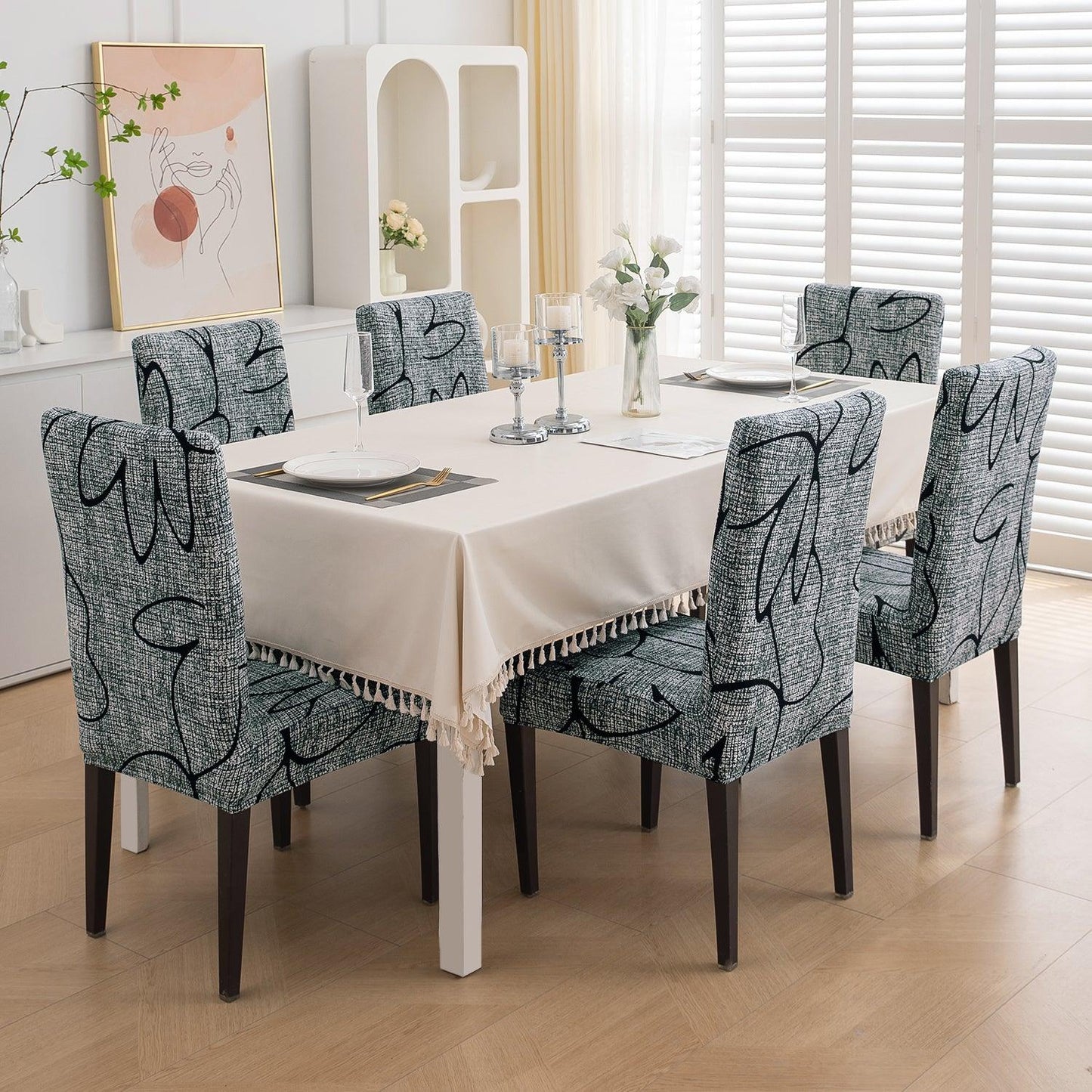Intense Grey Abstract Floral Print dining chair covers set of 6