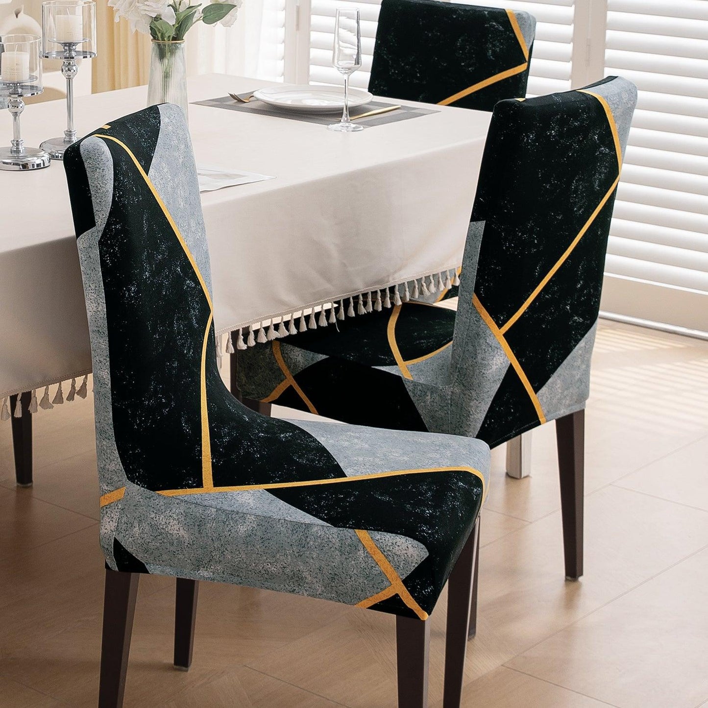 Multicolor Abstract Geometry Print dining chair covers Set