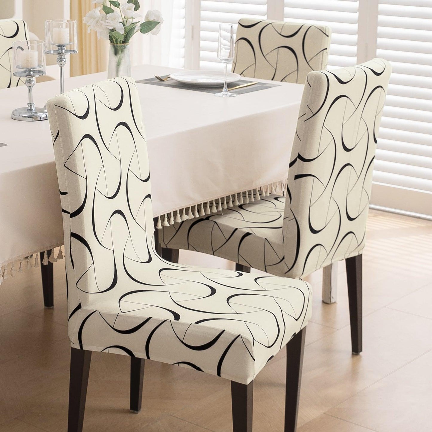 Natural Beige Abstract Art Print dining table chair covers