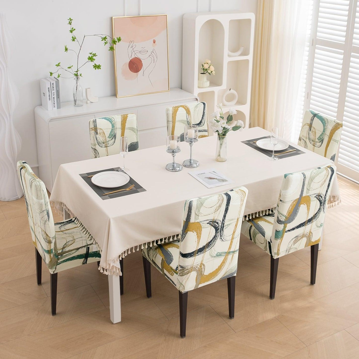 Parchement Beige Abstract Art Print dining chair cover 6 seater
