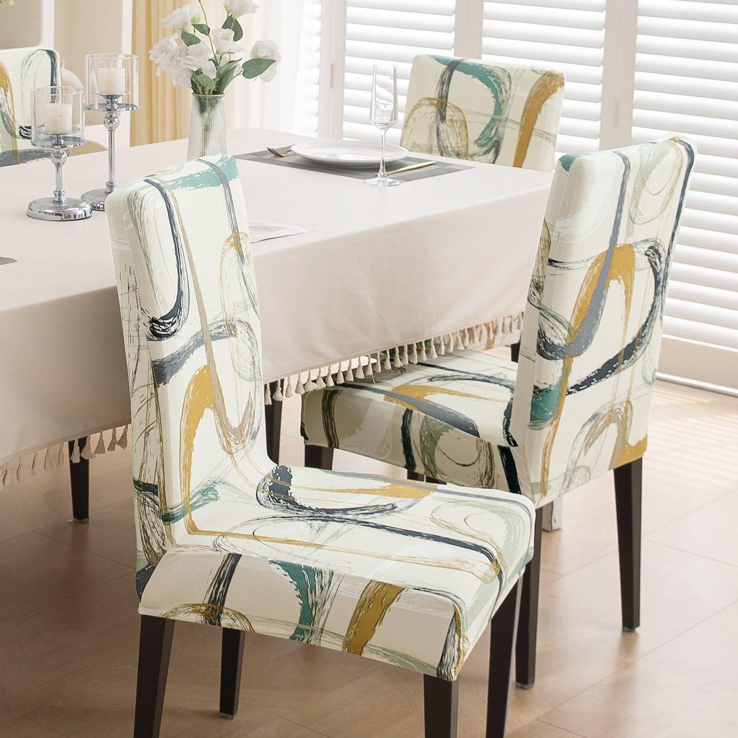 Parchement Beige Abstract Art Print dining chair covers Set