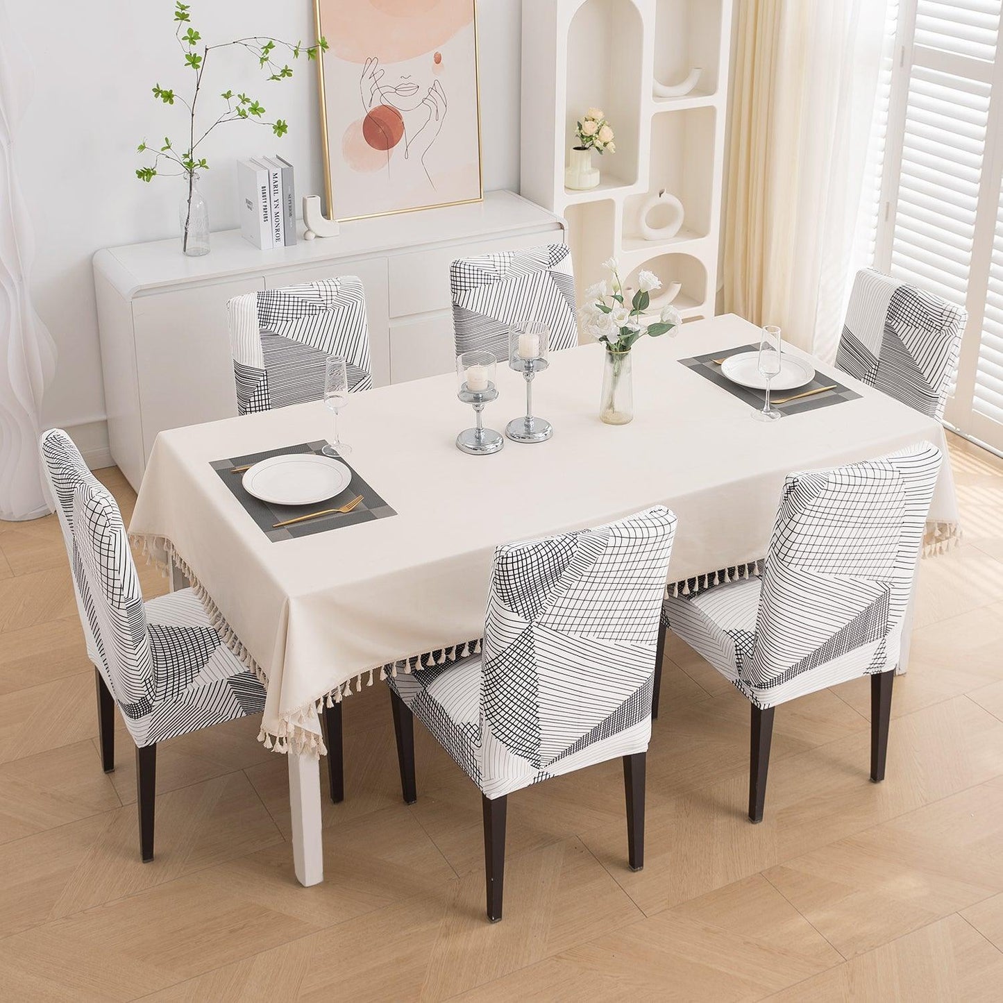 Snow White Black Geometry Print dining chair cover 6 seater