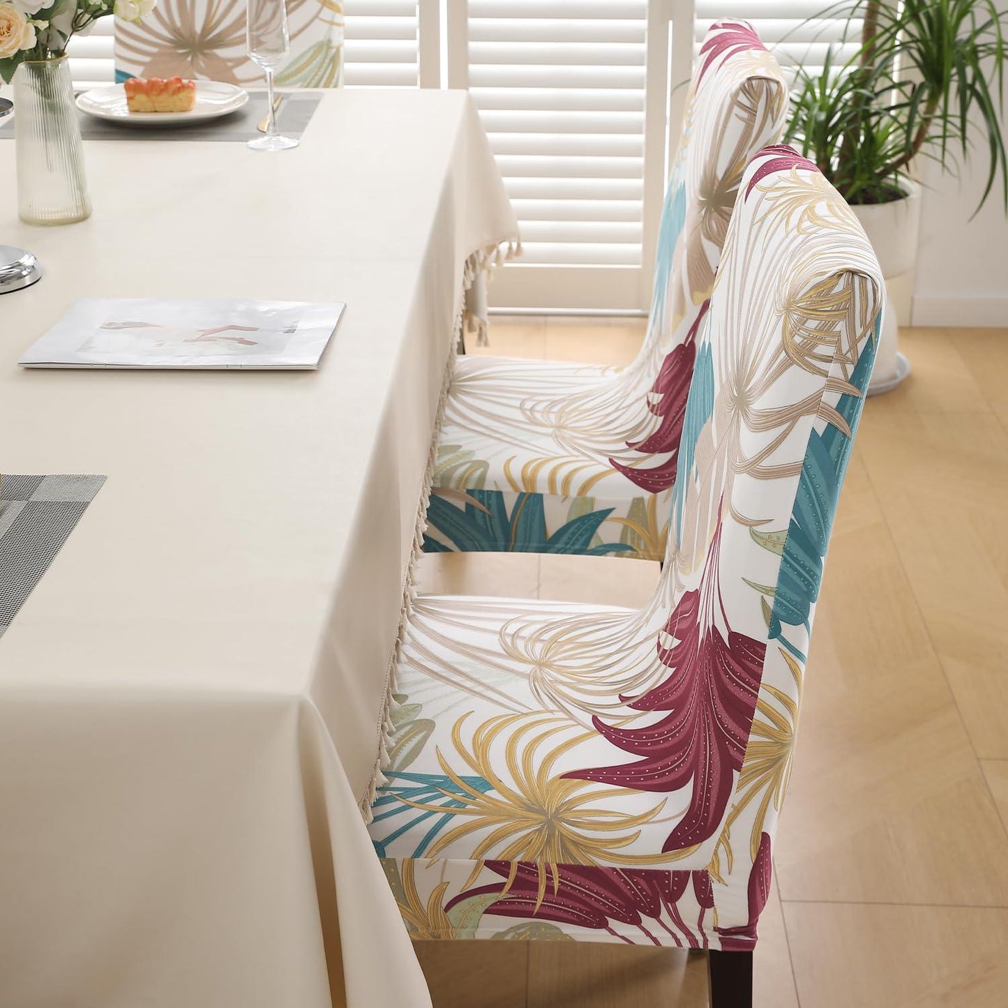 Cane Beige Ferns print dining chair covers Set | Hokipo