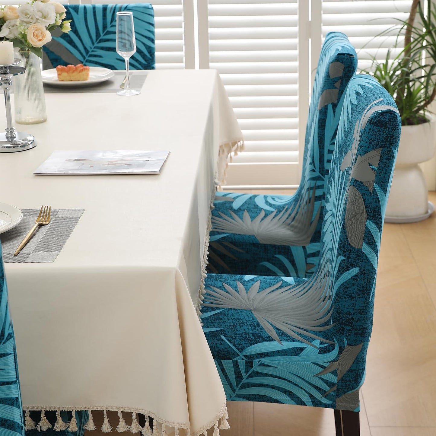 Sea Blue Tropical Leaves print stylish chair cover | Hokipo