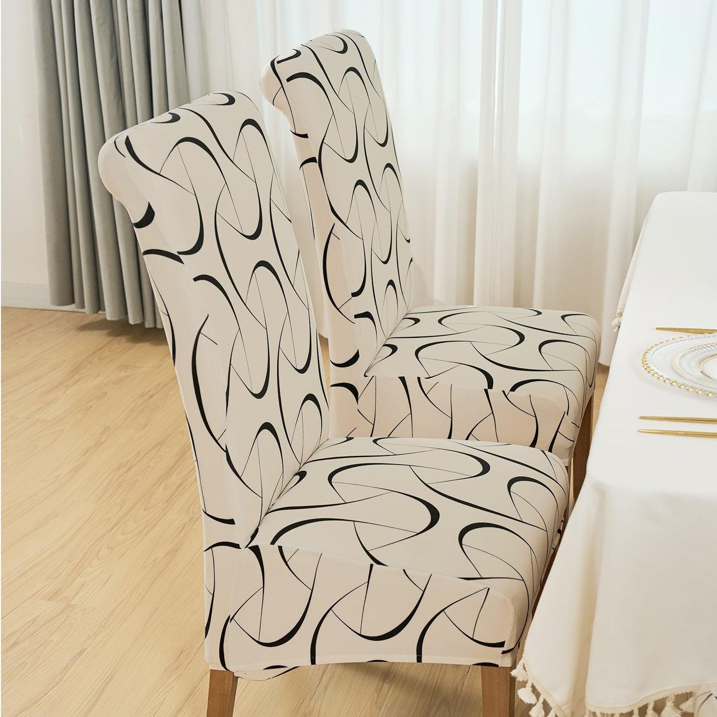 PolySpandex 140gsm High Back Dining Chair Cover Set of 1/2/4/6, Natural Beige Abstract Art - HOKIPO | Har Ghar ka Humsafar