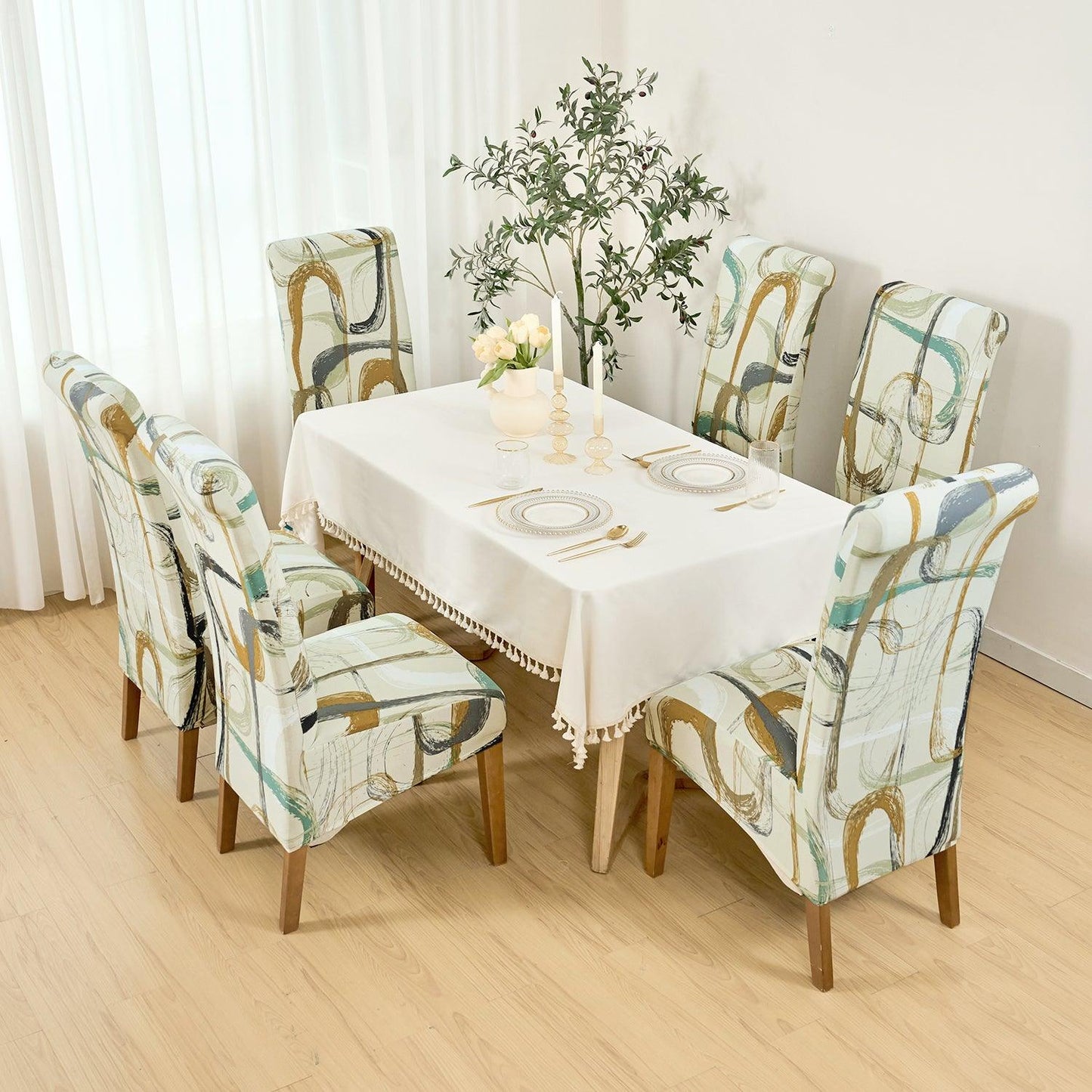 PolySpandex 140gsm High Back Dining Chair Cover Set of 1/2/4/6, Parchement Beige Abstract Art - HOKIPO | Har Ghar ka Humsafar