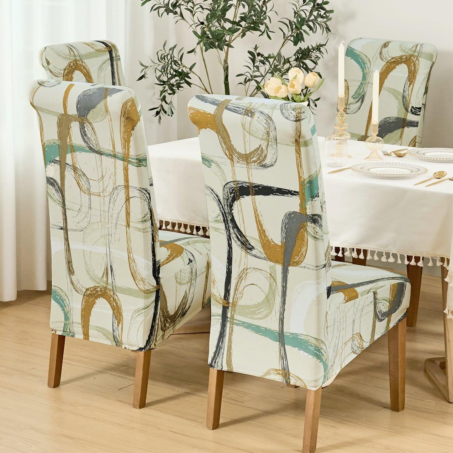 PolySpandex 140gsm High Back Dining Chair Cover Set of 1/2/4/6, Parchement Beige Abstract Art - HOKIPO | Har Ghar ka Humsafar