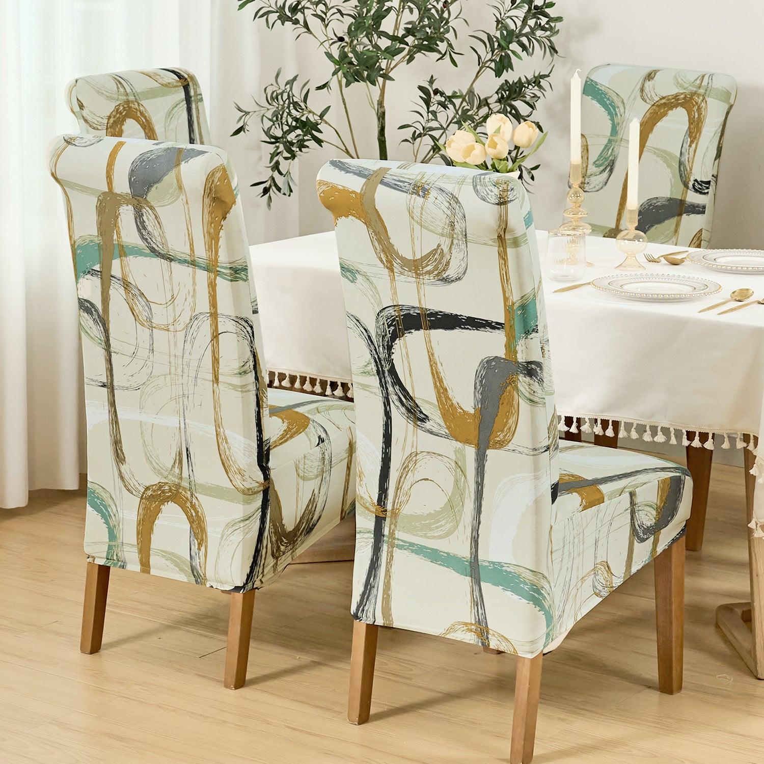 PolySpandex 140gsm High Back Dining Chair Cover Set of 1/2/4/6, Parchement Beige Abstract Art - HOKIPO | Har Ghar ka Humsafar
