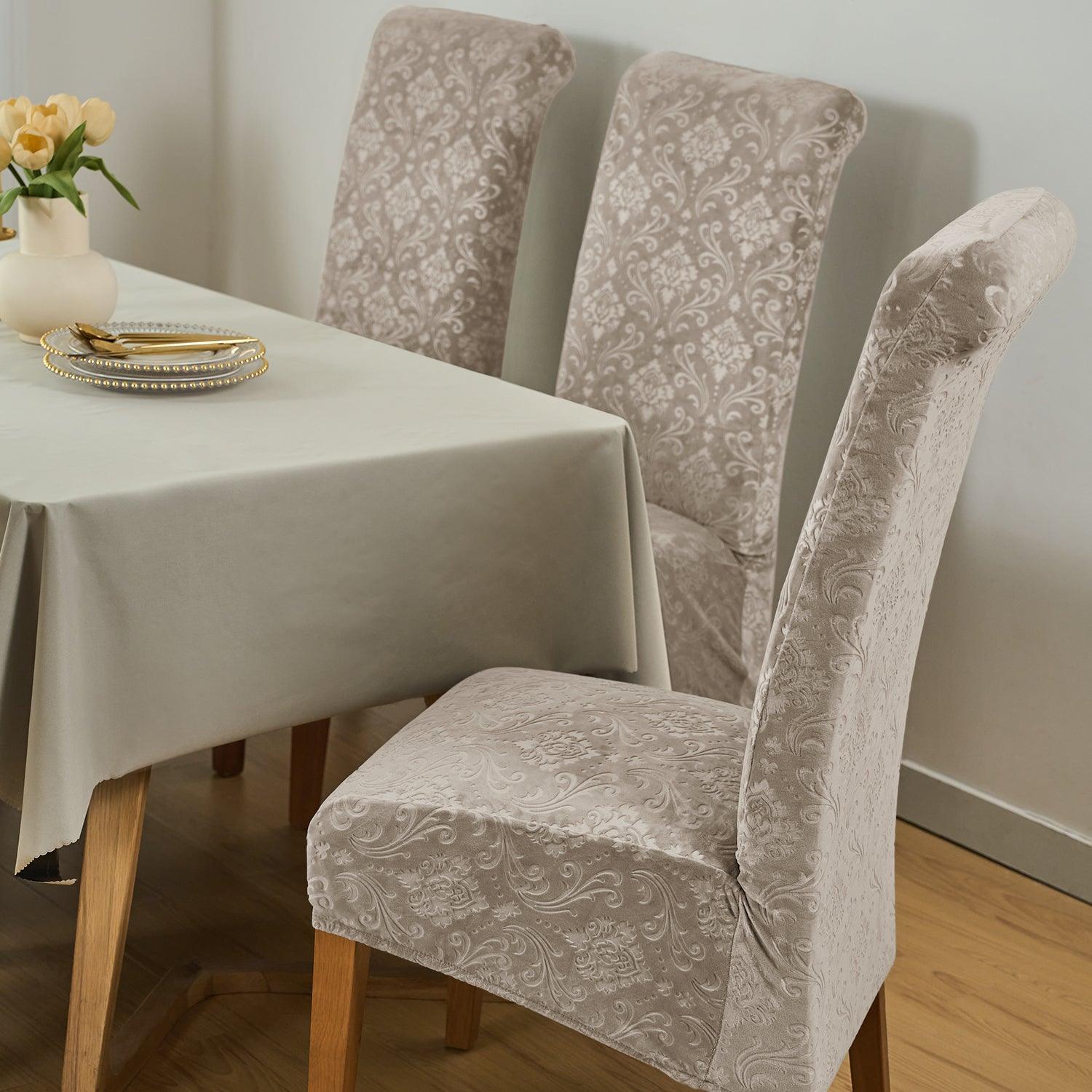 Premium Embossed Velvet Long Back Chair Cover Set of 1/2/4/6, Camel - HOKIPO | Har Ghar ka Humsafar