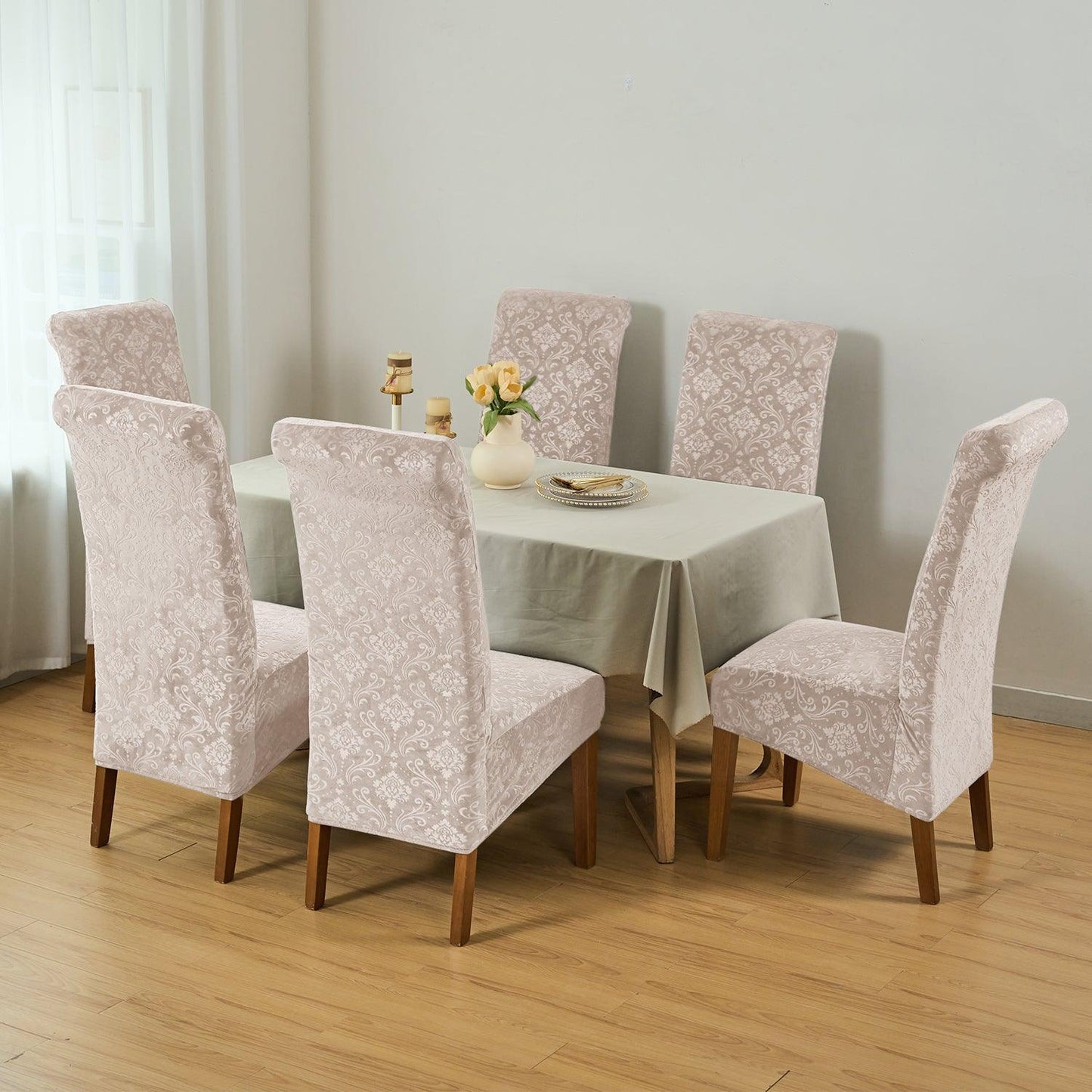Premium Embossed Velvet Long Back Chair Cover Set of 1/2/4/6, Light Camel - HOKIPO | Har Ghar ka Humsafar