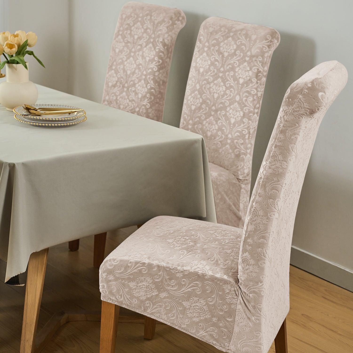 Premium Embossed Velvet Long Back Chair Cover Set of 1/2/4/6, Light Camel - HOKIPO | Har Ghar ka Humsafar
