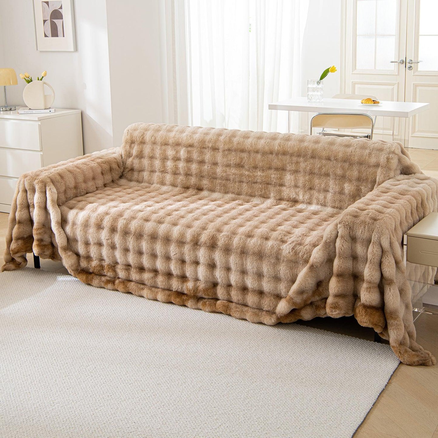 Brown Colour Luxury Gradient Faux Rabbit Wool Sofa Throw | HOKIPO