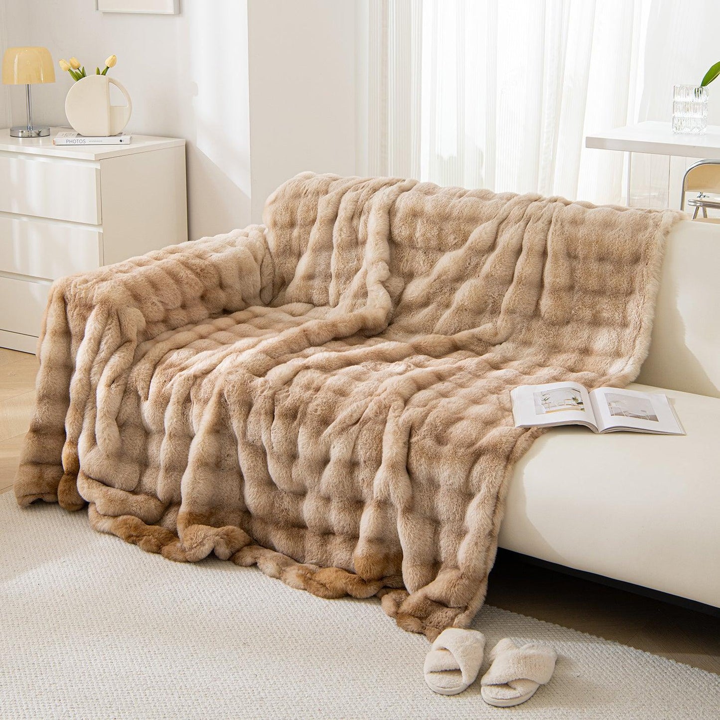 Soft Brown Premium Gradient Faux Rabbit Wool Sofa Throw Blanket | HOKIPO