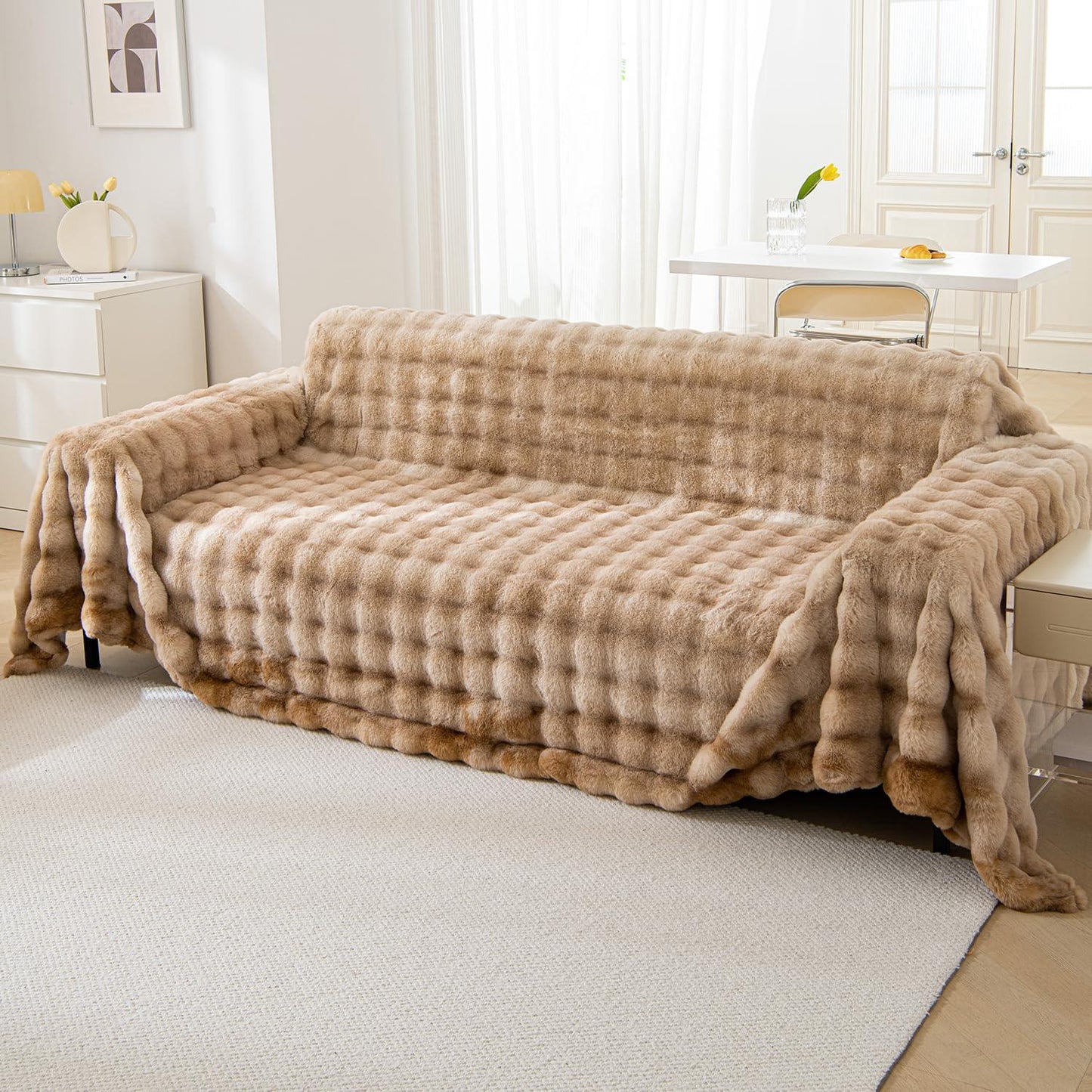 Premium Gradient Faux Rabbit Wool Sofa Throw Fluffy Sofa Cover, Brown | HOKIPO