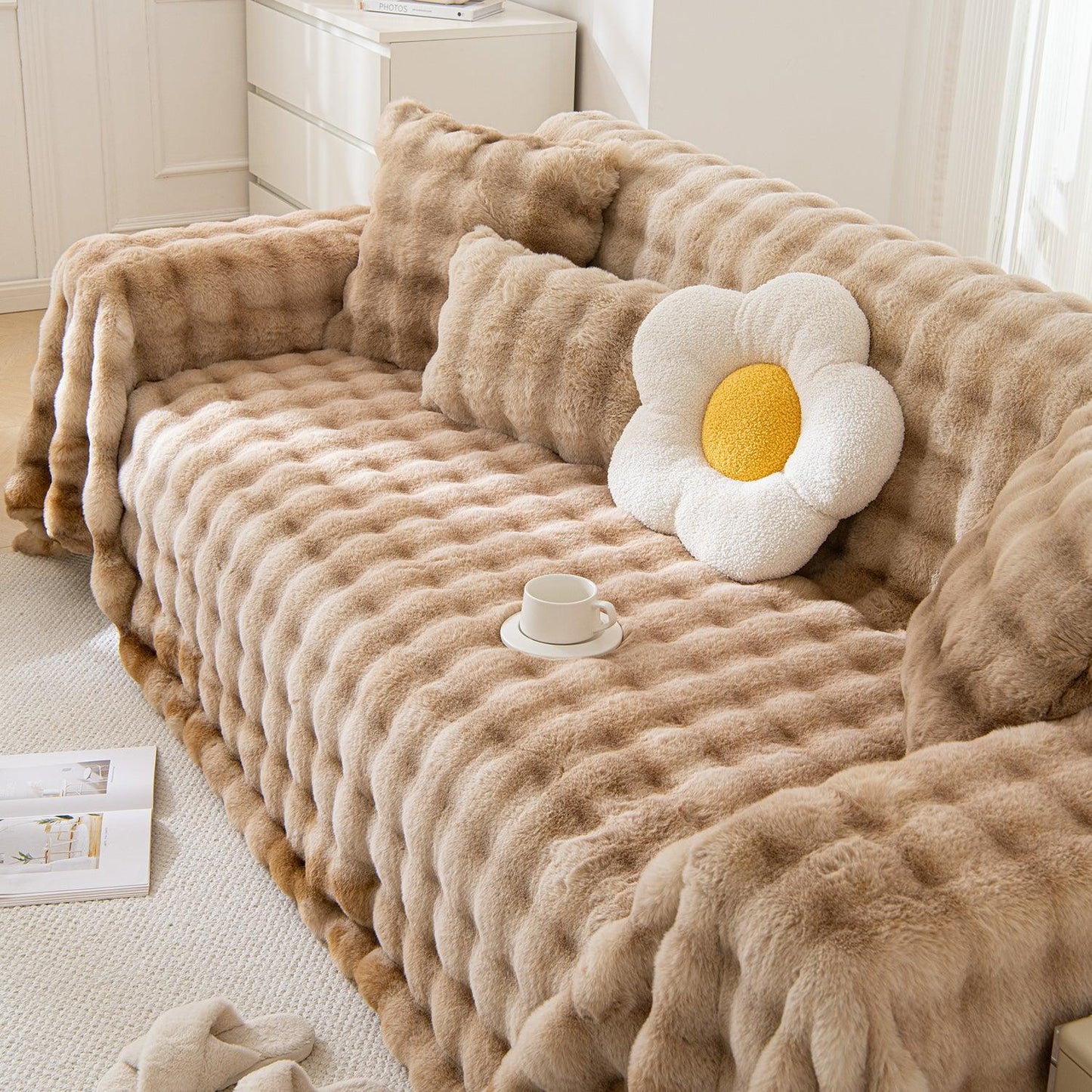 Three seater Brown Luxury Gradient Faux Rabbit Wool Sofa Throw | HOKIPO