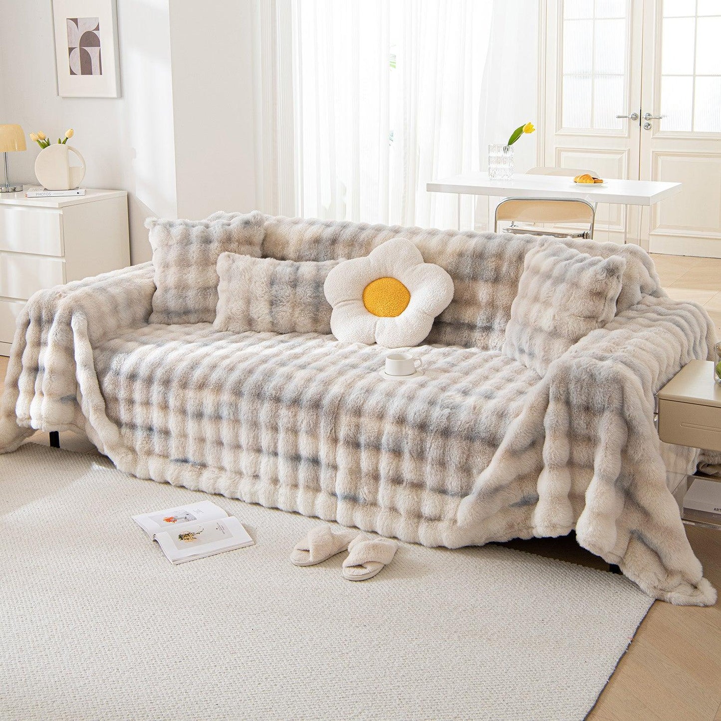 Cream Luxury Gradient Faux Rabbit Wool Sofa Throw – 3 Seater | HOKIPO
