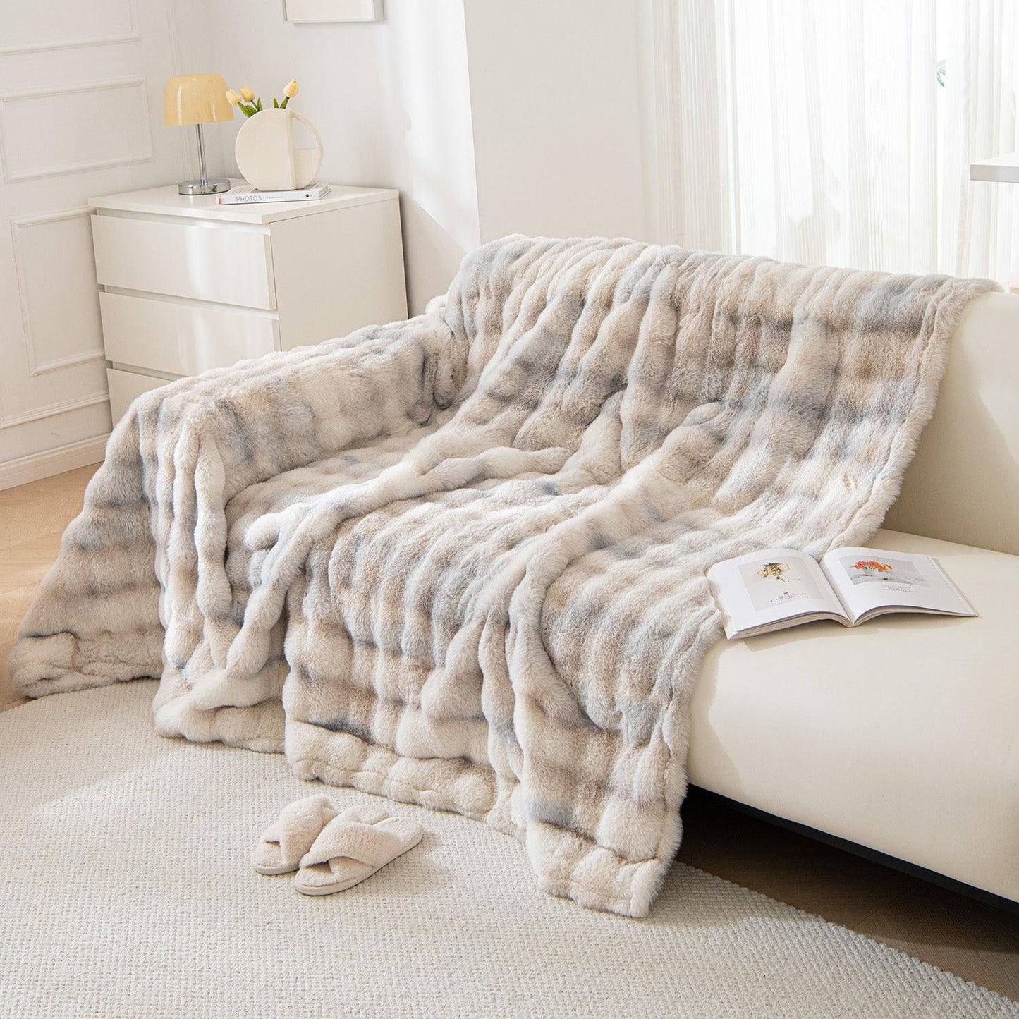 Cream Skin-friendly and non-shedding Premium Gradient Faux Rabbit Wool Sofa Throw Cover | HOKIPO