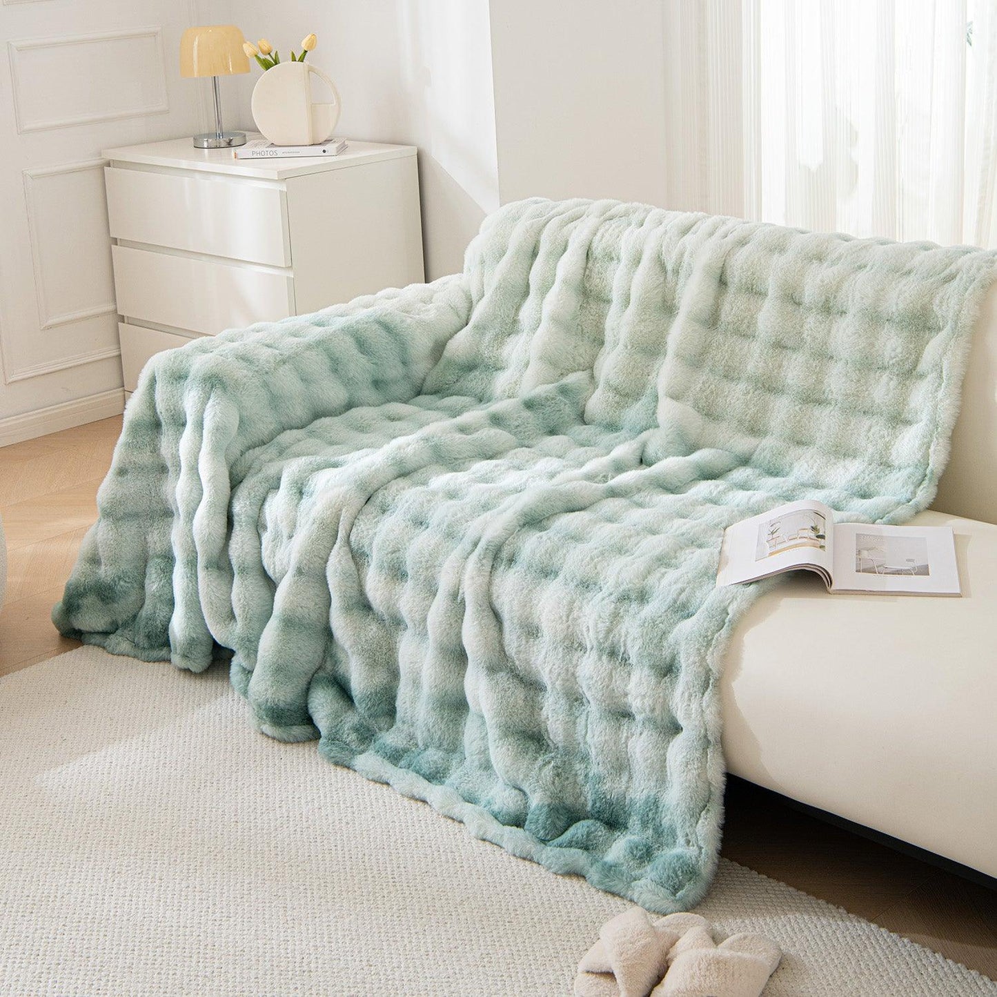 Buy Premium Green Luxury Gradient Faux Rabbit Wool Sofa Throws online | HOKIPO