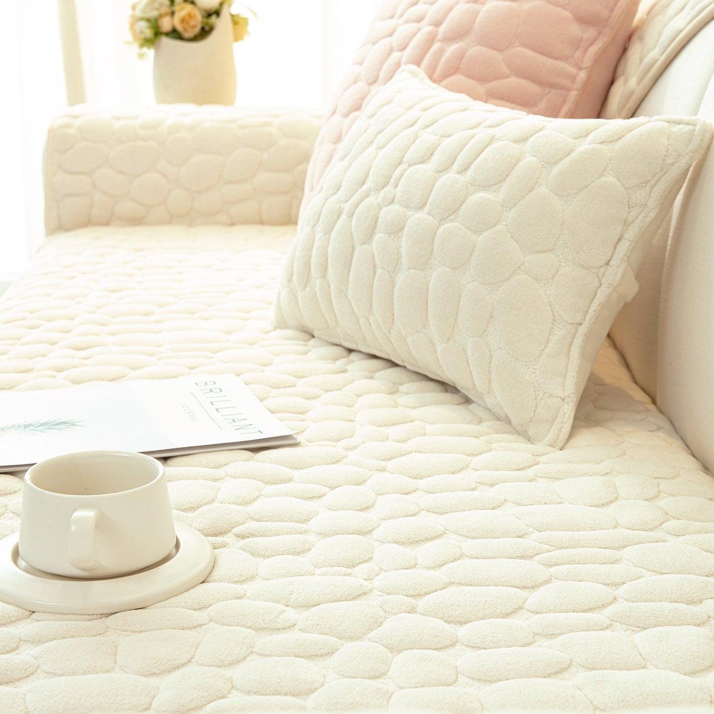 Premium Pebble Milk Velvet Anti Slip Sofa Mat for 1/2/3 Seater, Bliss White - HOKIPO | Har Ghar ka Humsafar