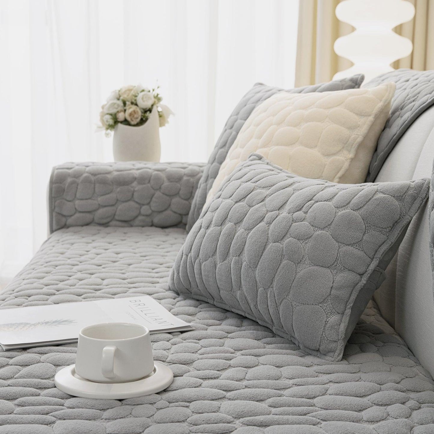 Premium Pebble Milk Velvet Anti Slip Sofa Mat for 1/2/3 Seater, Moon Grey - HOKIPO | Har Ghar ka Humsafar