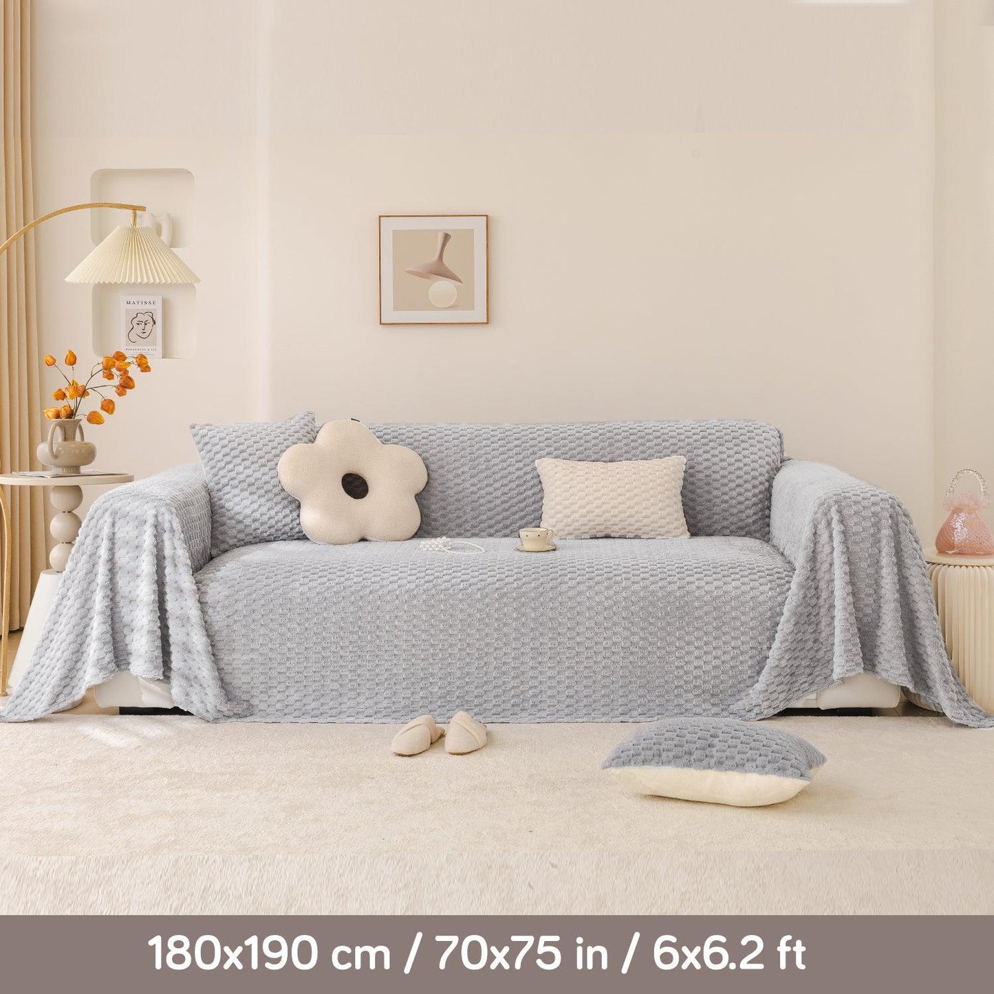 Ice Grey Rabbit Plush Sofa Throw cover available for 1, 2 & 3 sets | HOKIPO