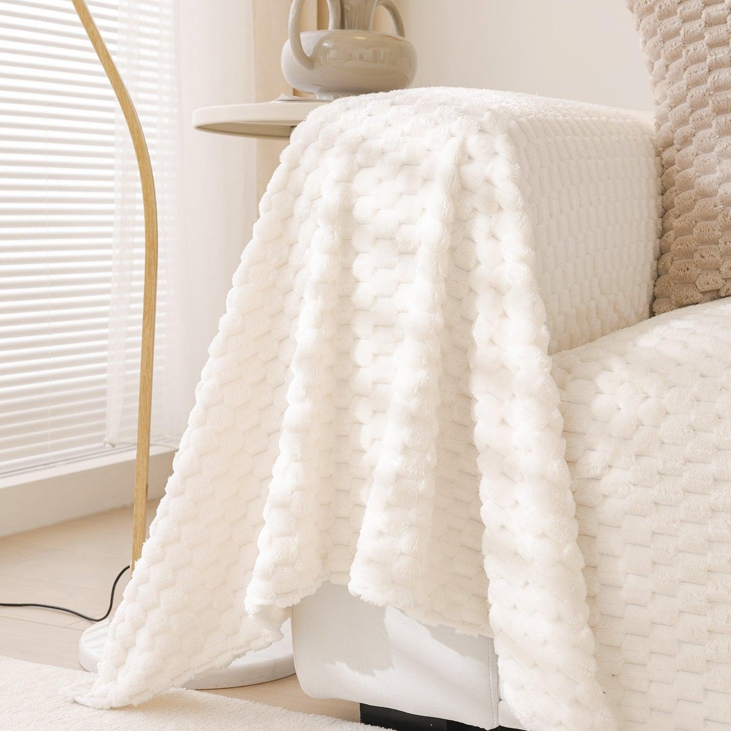 Shop Pearl White Premium Rabbit Plush Sofa Throw online at HOKIPO
