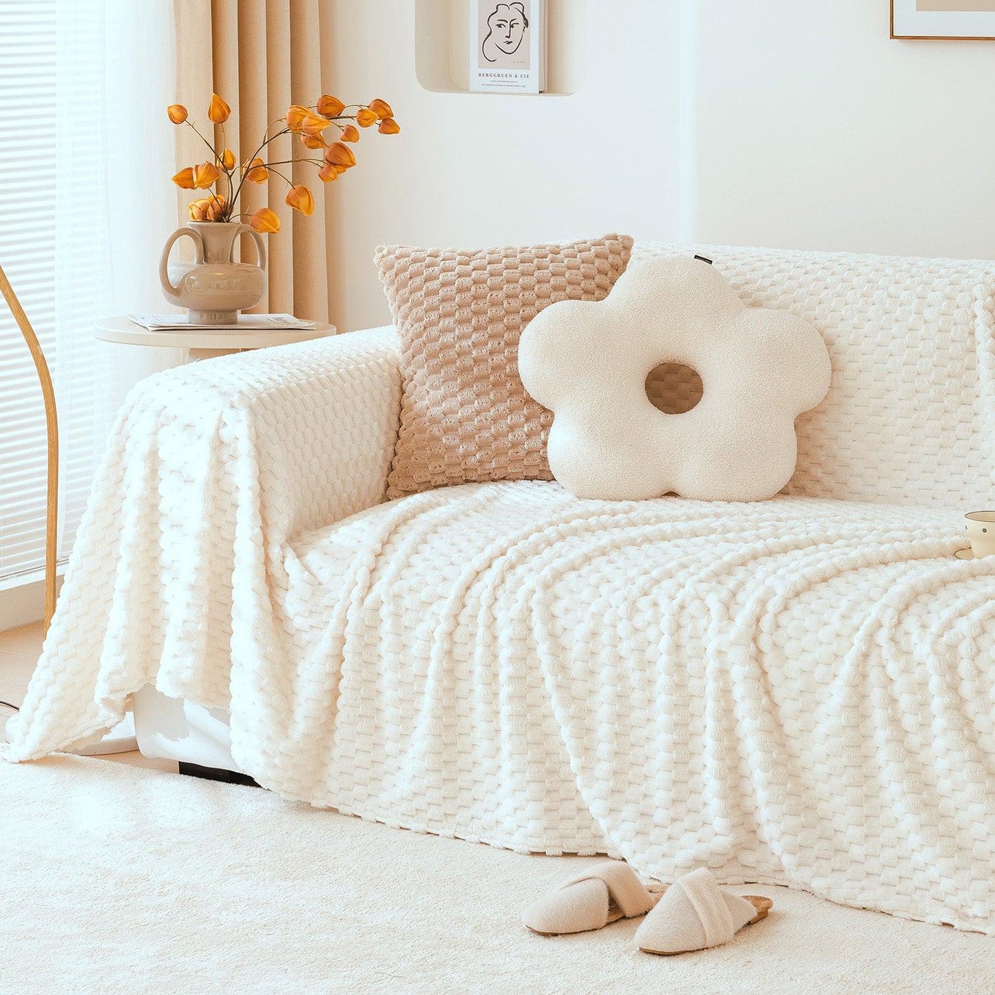Pearl White Skin-friendly and non-shedding Premium Rabbit Plush Sofa Throw Cover | HOKIPO