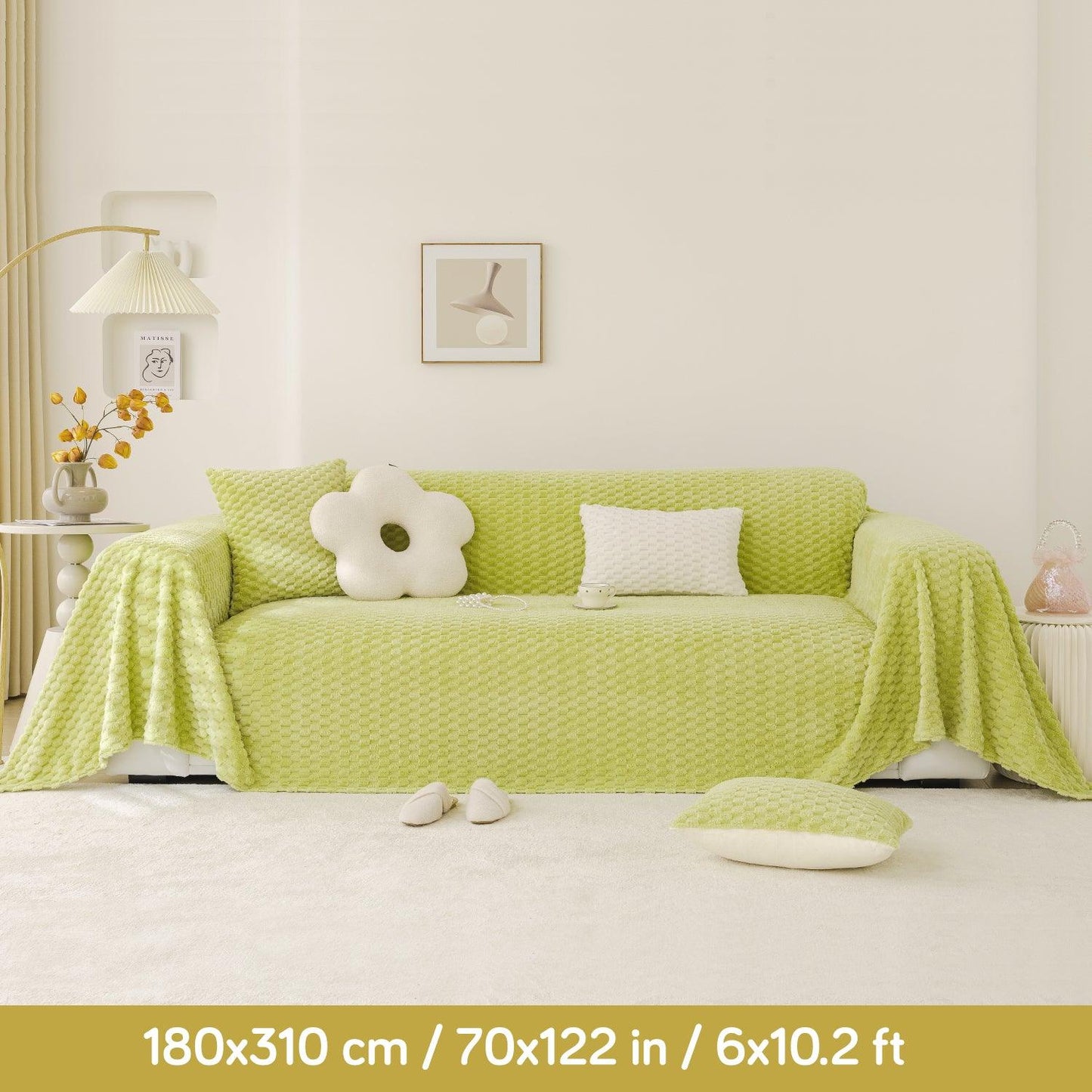 Pastel Green Luxury Rabbit Plush Sofa Throw | HOKIPO
