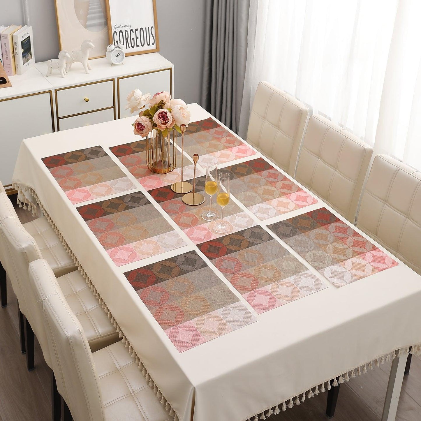 PVC Dining Table Mats, Geometric Red - HOKIPO | Har Ghar ka Humsafar