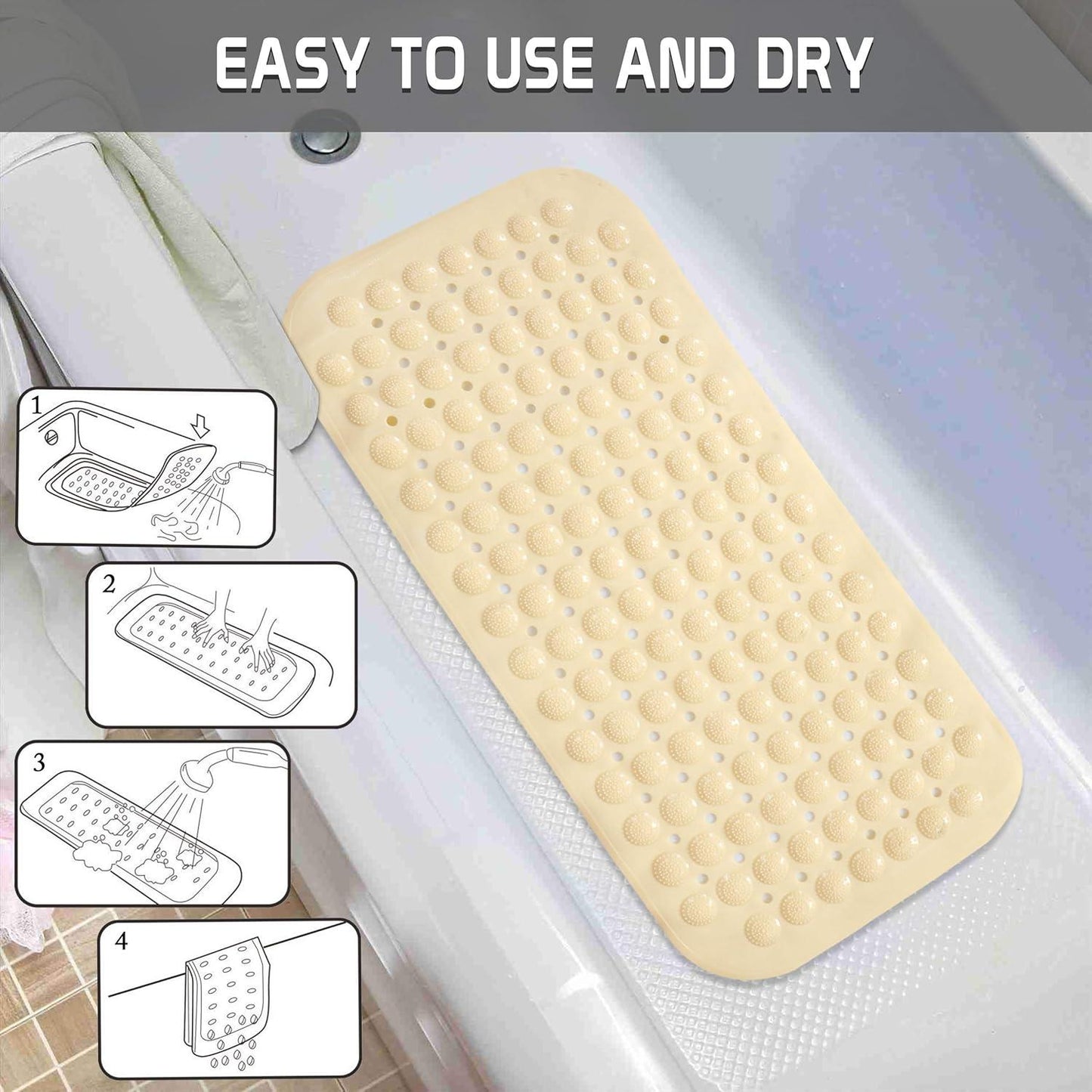 PVC Shower Mat Anti - Slip with Massage Acupressure Points, 36x71 cm, Beige - HOKIPO | Har Ghar ka Humsafar