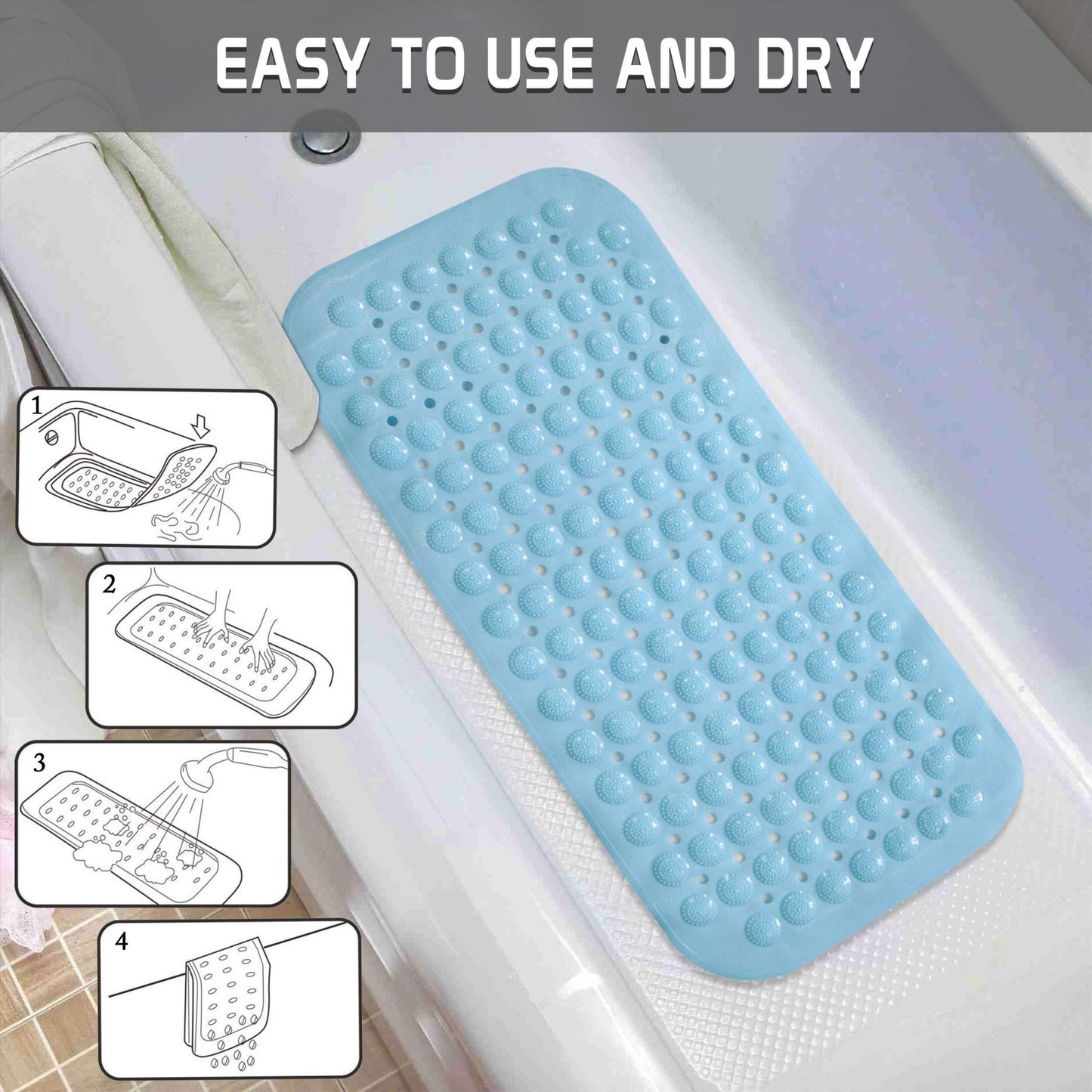 PVC Shower Mat Anti - Slip with Massage Acupressure Points, 36x71 cm, Blue - HOKIPO | Har Ghar ka Humsafar