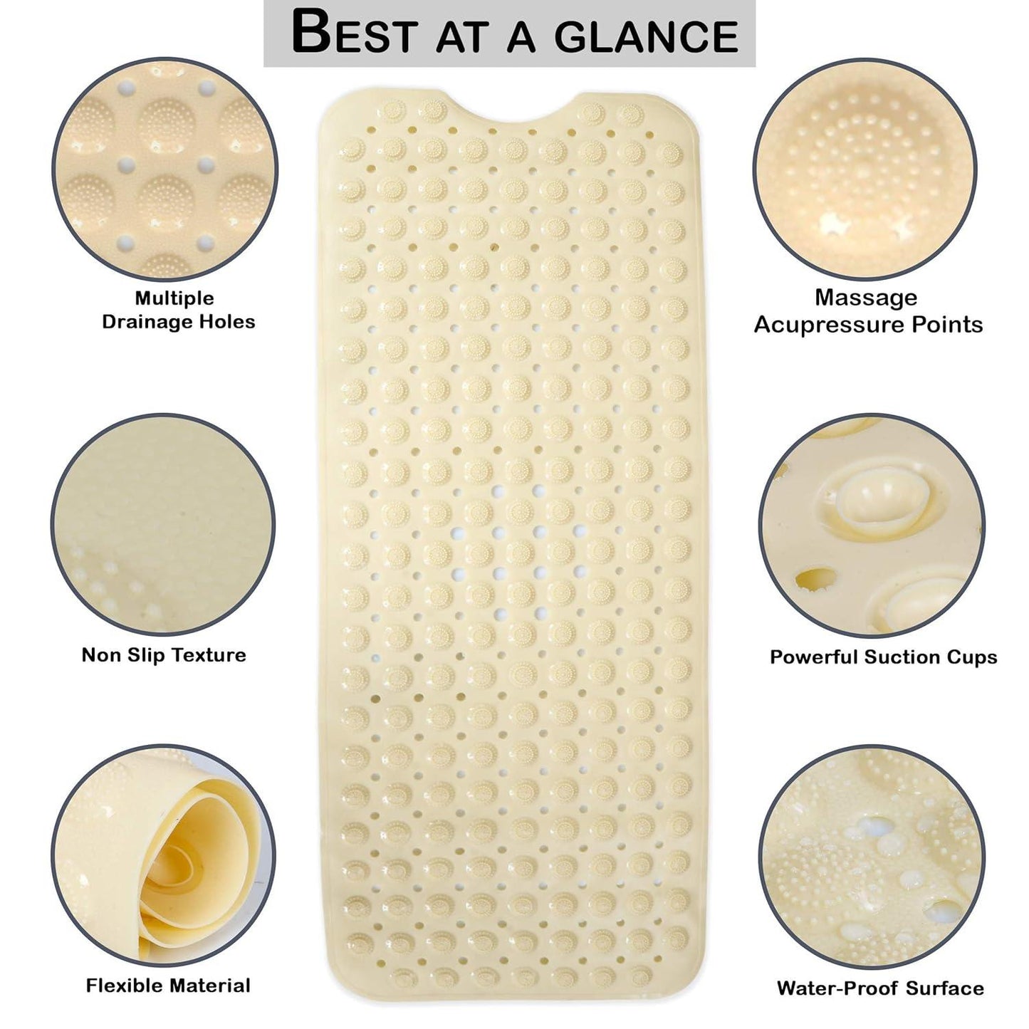 PVC Shower Mat Anti - Slip with Massage Acupressure Points, 40x100 cm, Beige - HOKIPO | Har Ghar ka Humsafar