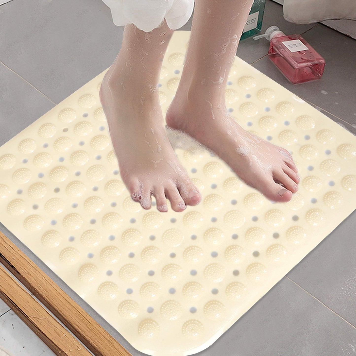 PVC Shower Mat Anti - Slip with Massage Acupressure Points, 48x48 cm, Beige - HOKIPO | Har Ghar ka Humsafar
