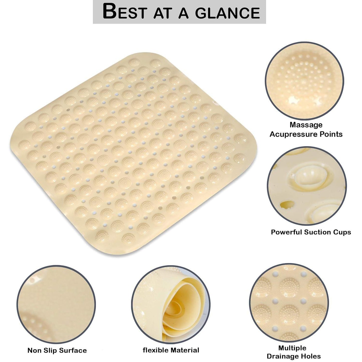 PVC Shower Mat Anti - Slip with Massage Acupressure Points, 48x48 cm, Beige - HOKIPO | Har Ghar ka Humsafar