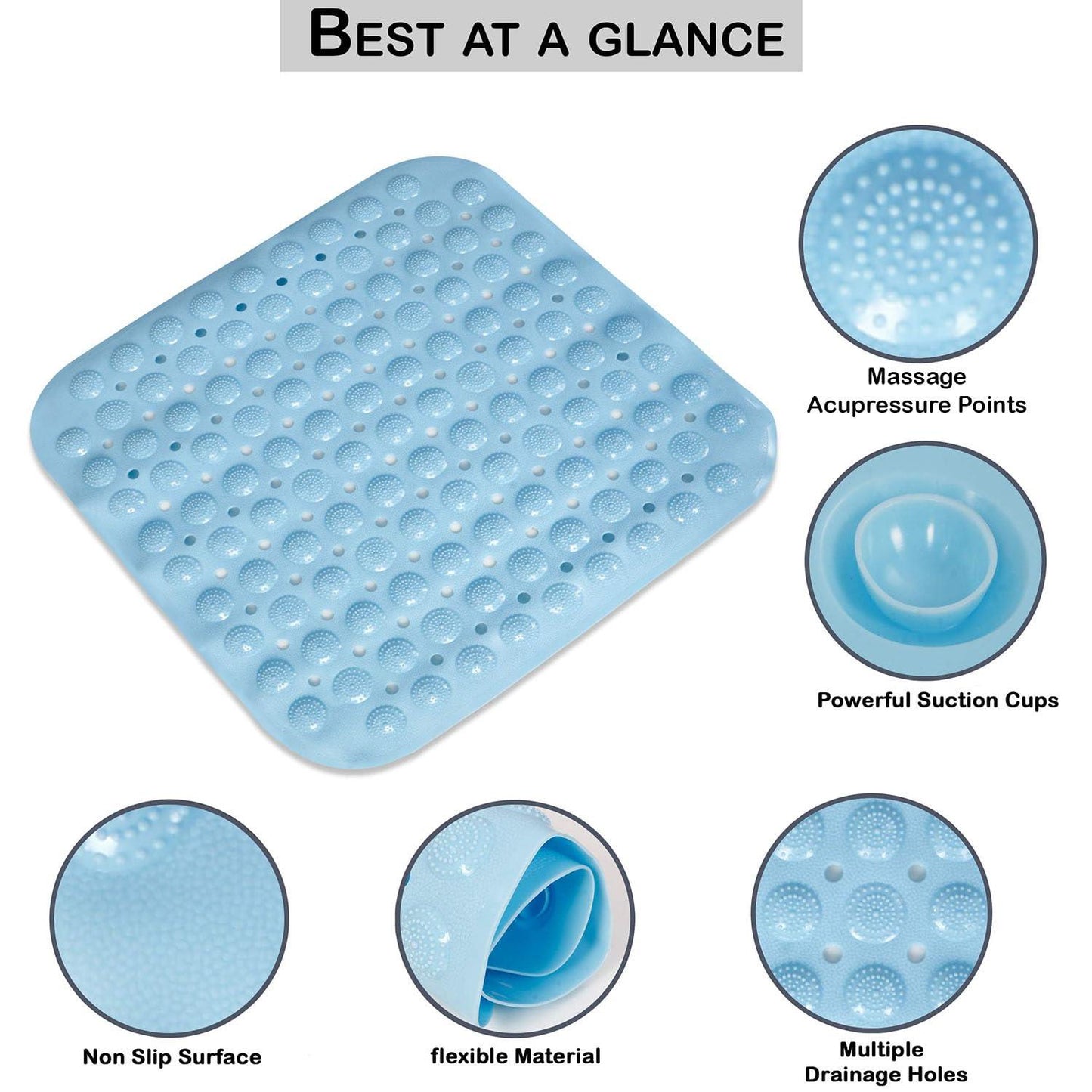 PVC Shower Mat Anti - Slip with Massage Acupressure Points, 48x48 cm, Blue - HOKIPO | Har Ghar ka Humsafar