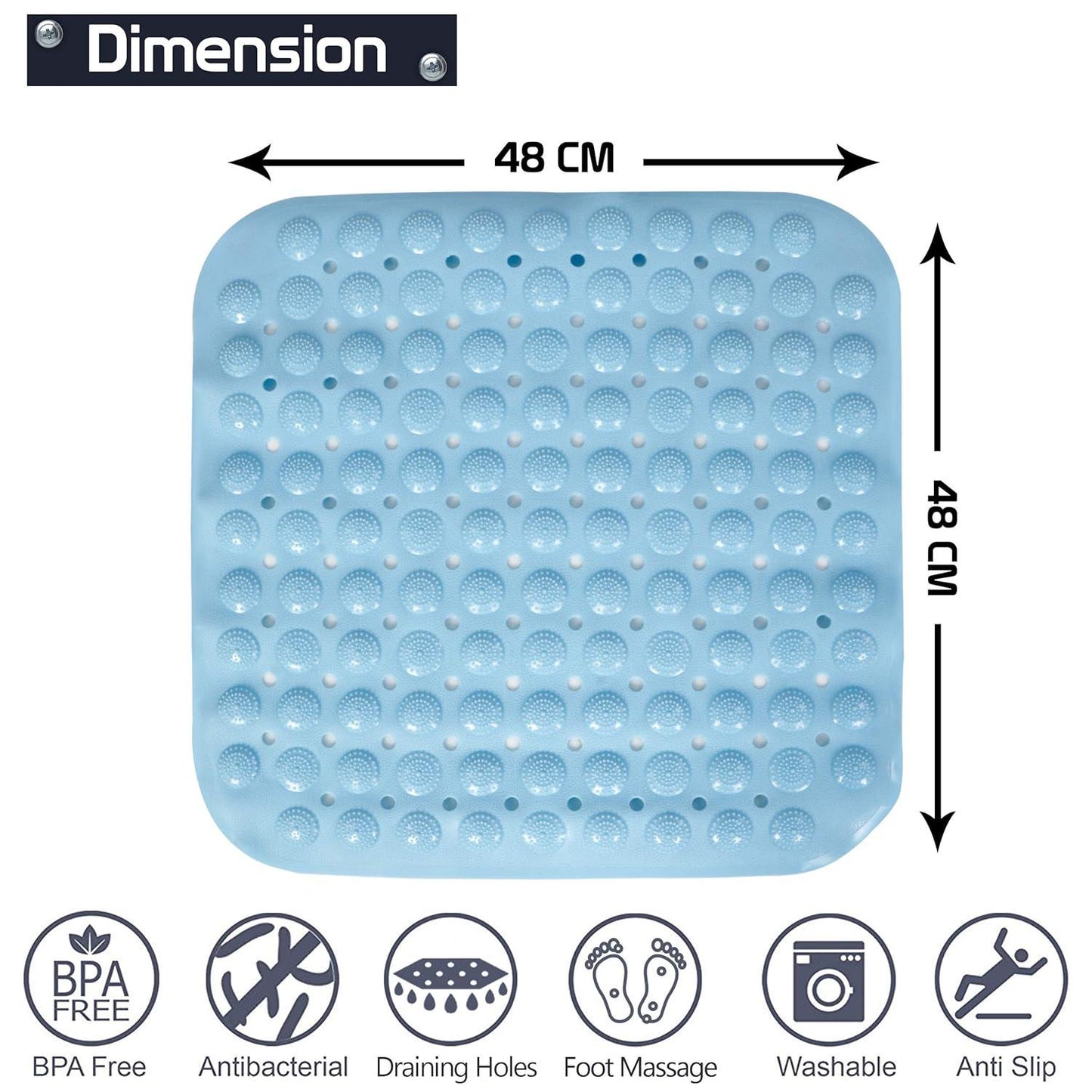 PVC Shower Mat Anti - Slip with Massage Acupressure Points, 48x48 cm, Blue - HOKIPO | Har Ghar ka Humsafar