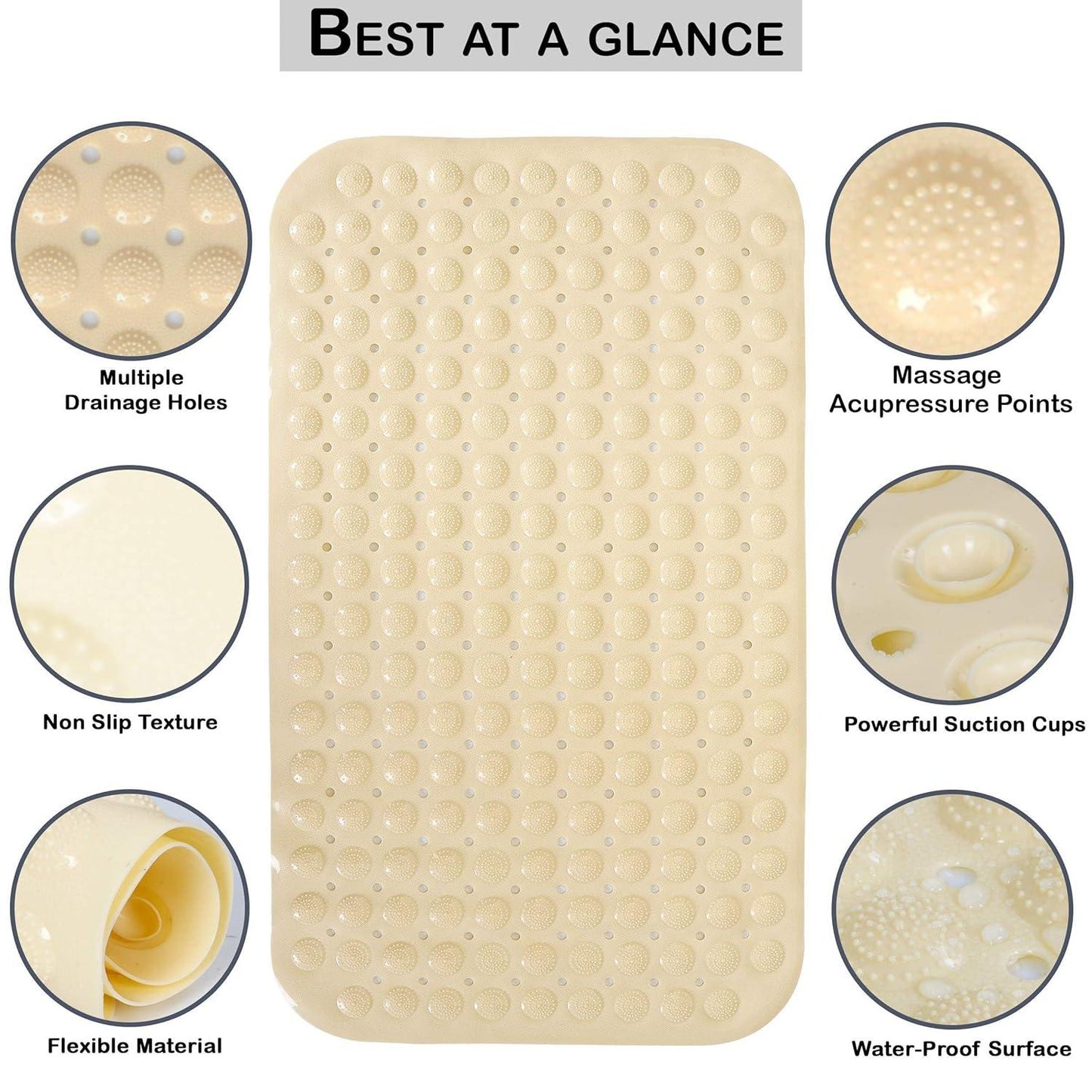 PVC Shower Mat Anti - Slip with Massage Acupressure Points, 58x88 cm, Beige - HOKIPO | Har Ghar ka Humsafar