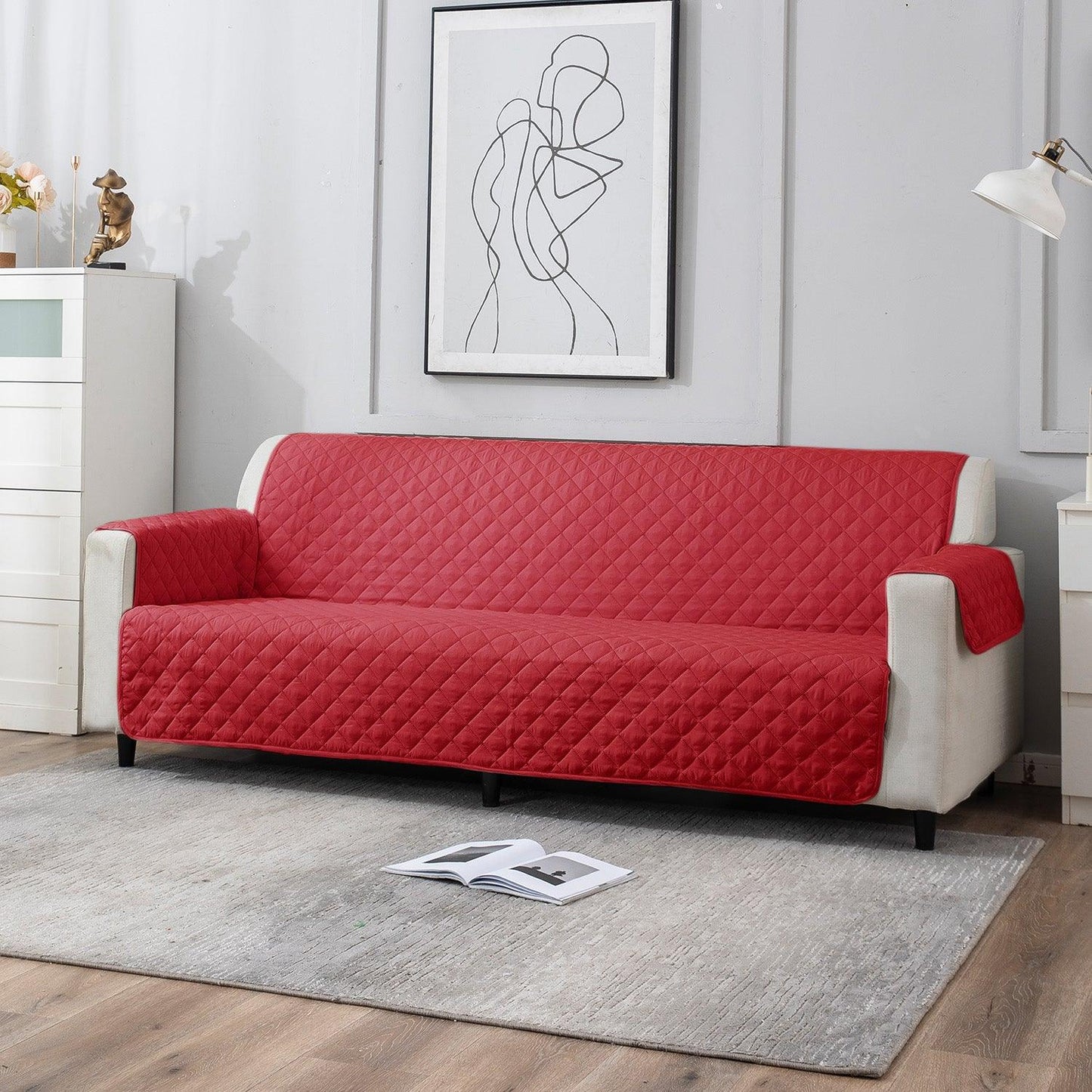 4 Seater Scarlet Red quilted sofa cover set