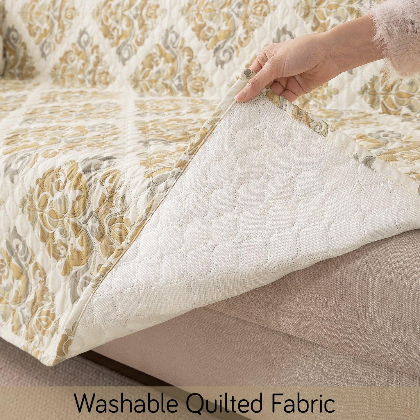 Damask Beige Printed non slip, washable quilted sofa cover