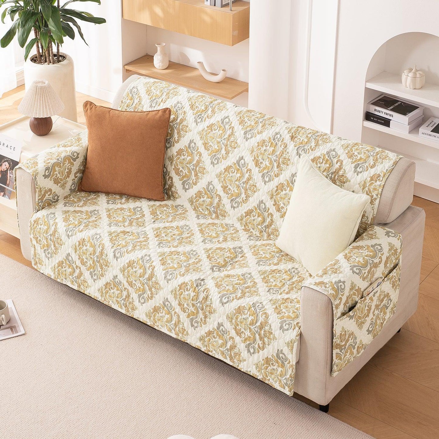 Damask Beige Printed elegant 2 seater quilted sofa cover