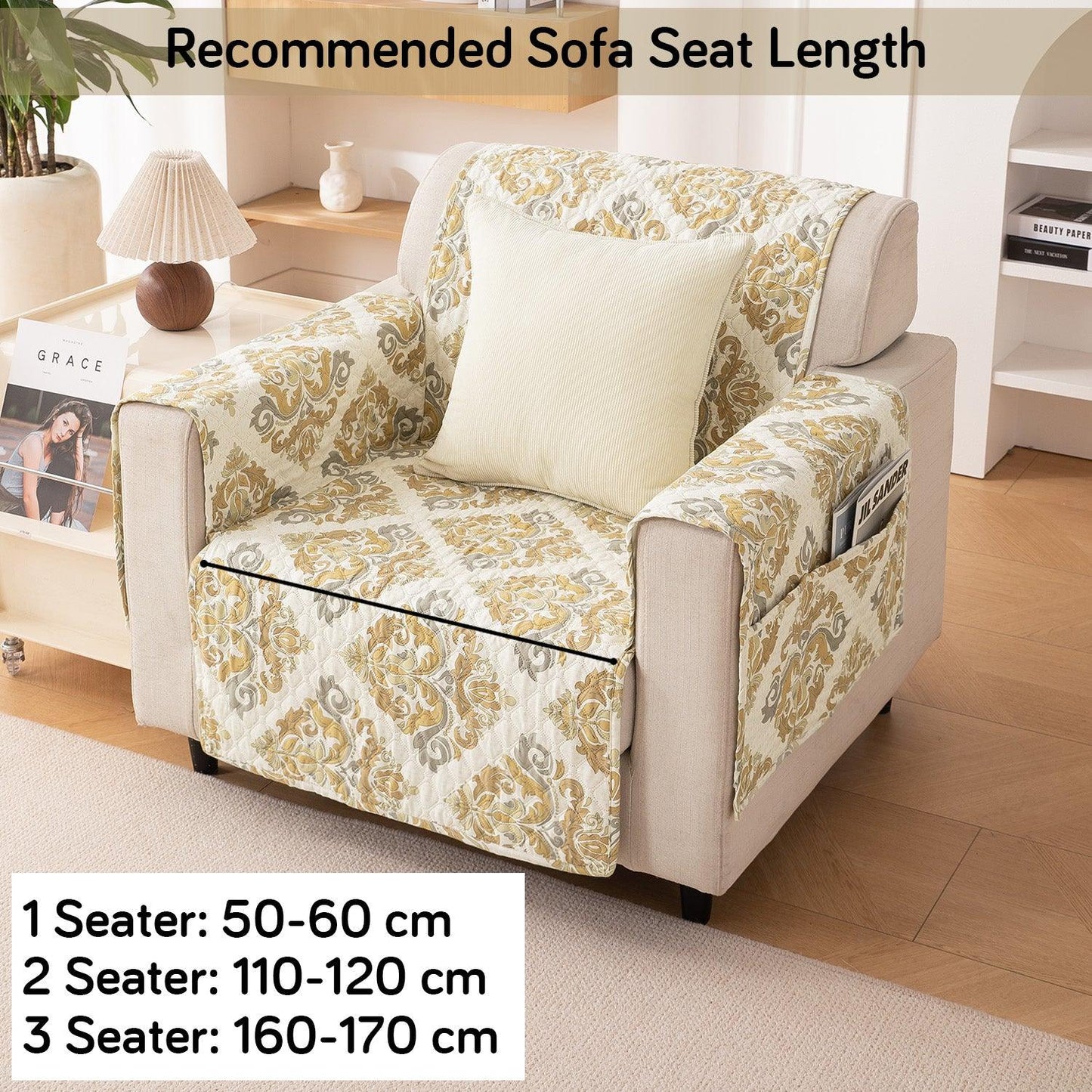 Quilted Printed Polyester Sofa Cover Mat for 1/2/3 Seater Sofa with Side Pockets, Pet Friendly, Damask Beige - HOKIPO | Har Ghar ka Humsafar