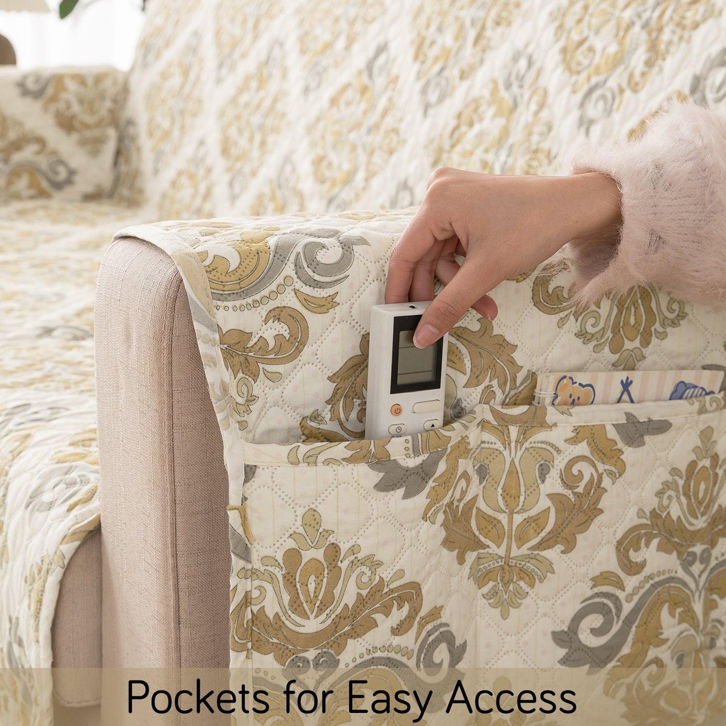 Damask Beige Printed quilted sofa cover set with handy side pocket