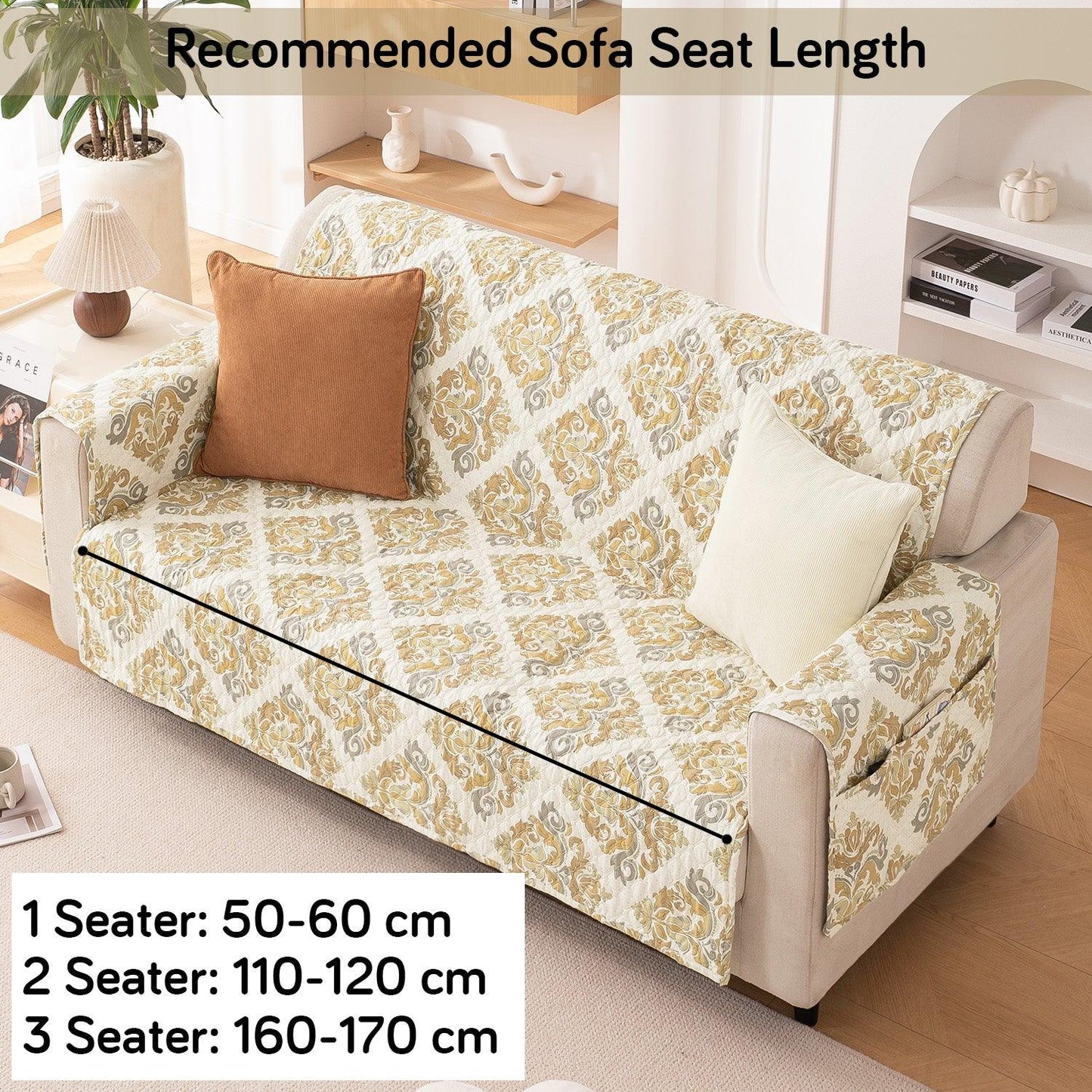 Quilted Printed Polyester Sofa Cover Mat for 1/2/3 Seater Sofa with Side Pockets, Pet Friendly, Damask Beige - HOKIPO | Har Ghar ka Humsafar