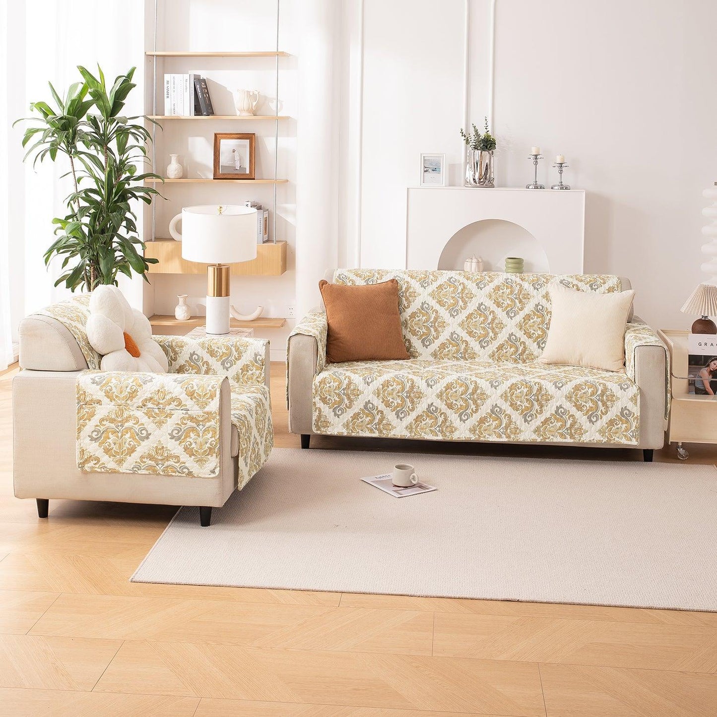 Damask Beige Printed three seater quilted sofa cover