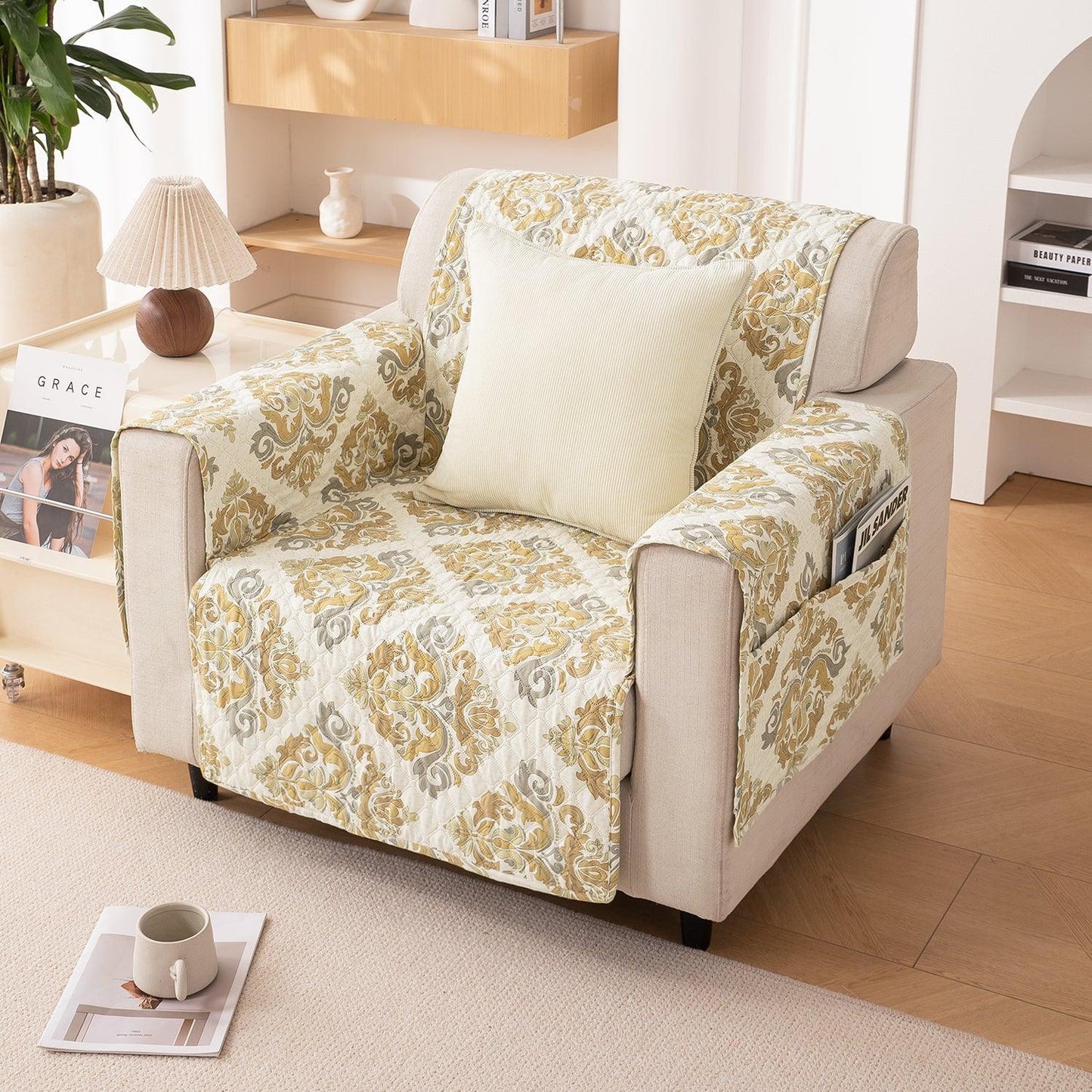 Damask Beige Printed elegant single seater quilted sofa cover